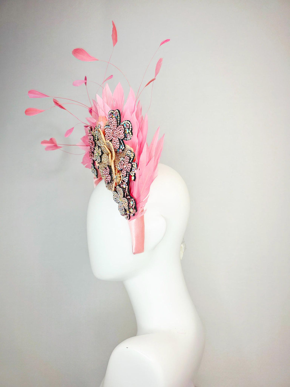 kentucky derby hat fascinator light pink satin headband with silver gold pink iridescent crystal flowers light baby pink branching feathers