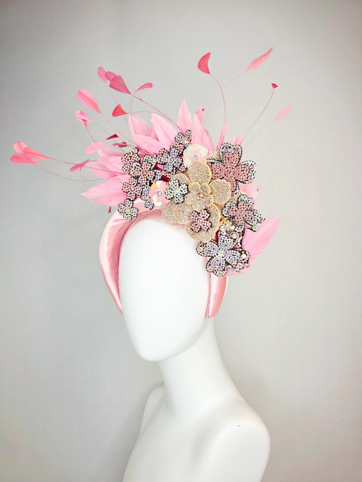 kentucky derby hat fascinator light pink satin headband with silver gold pink iridescent crystal flowers light baby pink branching feathers