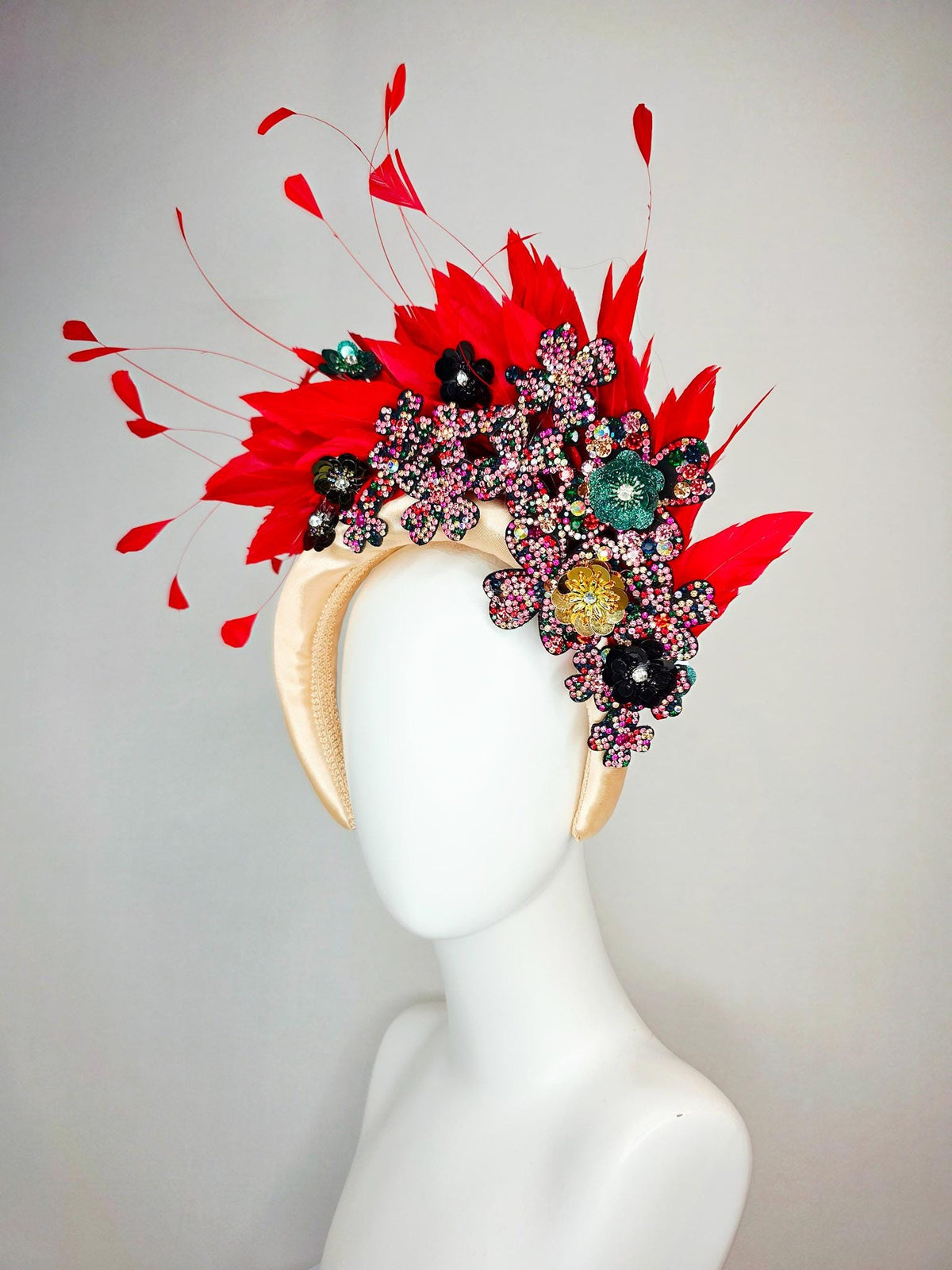 kentucky derby hat fascinator ivory champagne satin headband with colorful black red pink green gold crystal flowers scarlet red feathers