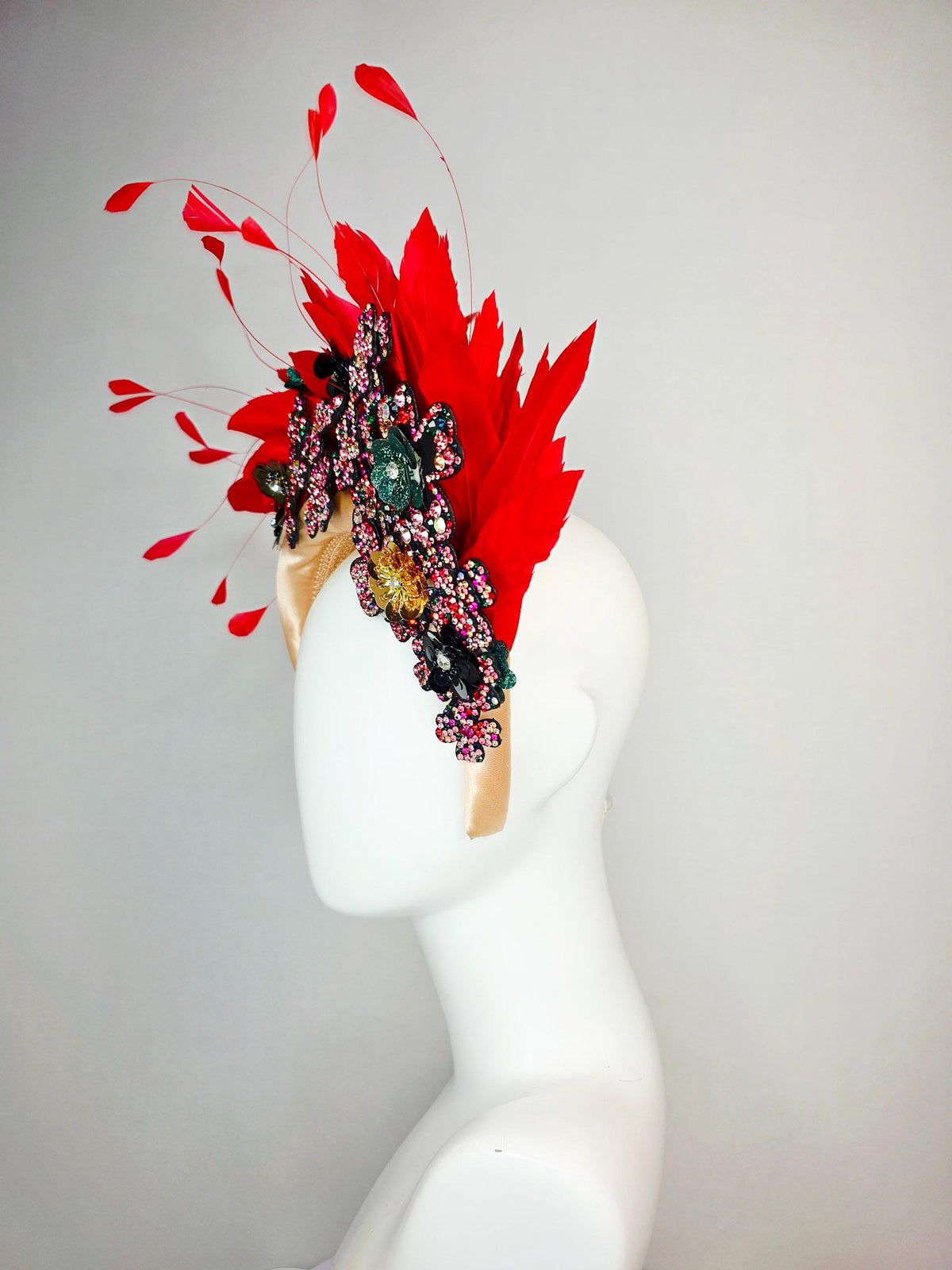 kentucky derby hat fascinator ivory champagne satin headband with colorful black red pink green gold crystal flowers scarlet red feathers