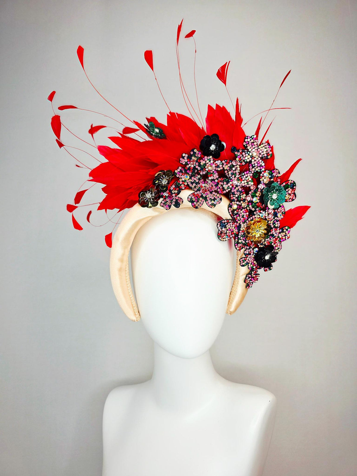 kentucky derby hat fascinator ivory champagne satin headband with colorful black red pink green gold crystal flowers scarlet red feathers