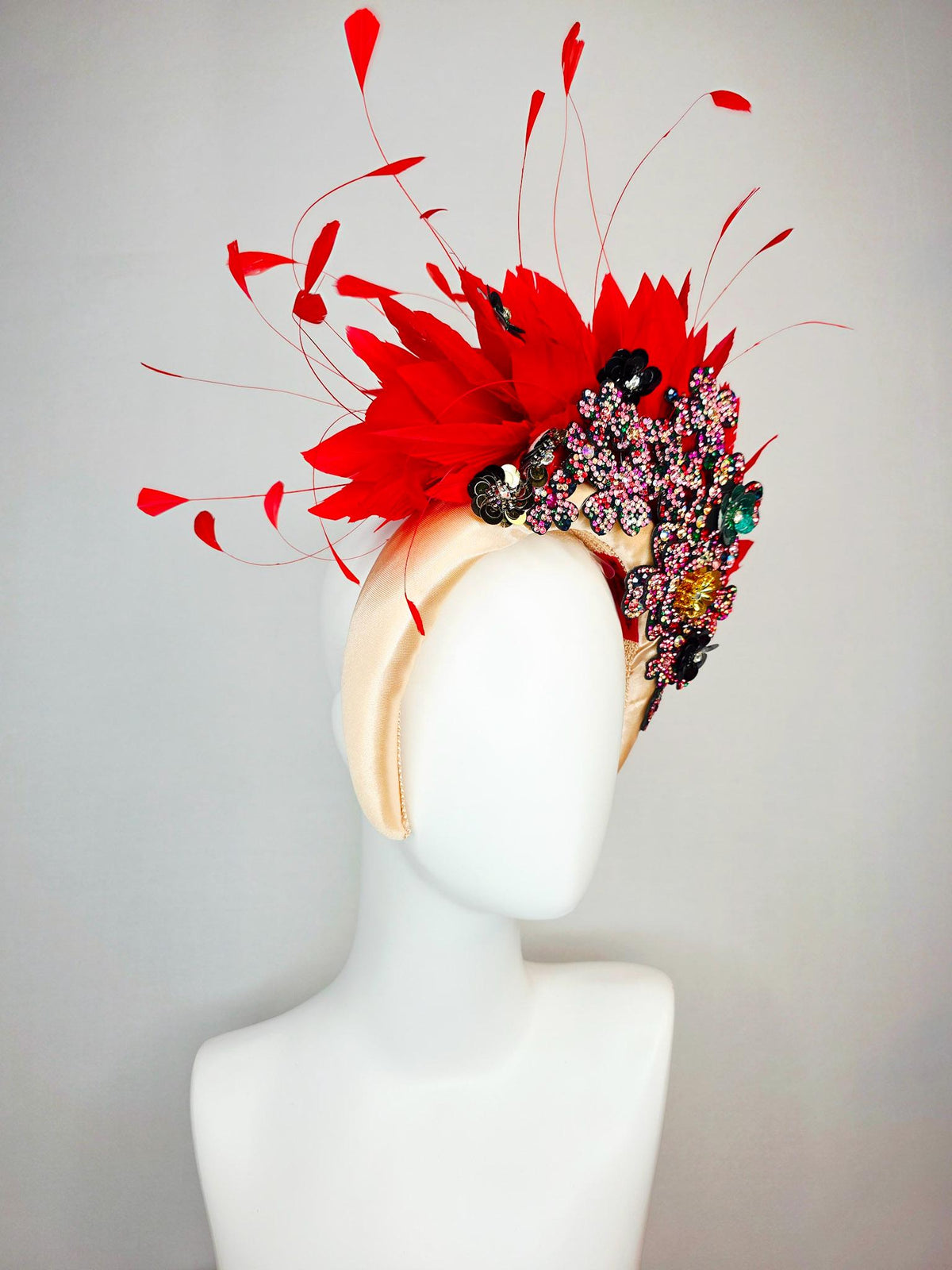 kentucky derby hat fascinator ivory champagne satin headband with colorful black red pink green gold crystal flowers scarlet red feathers