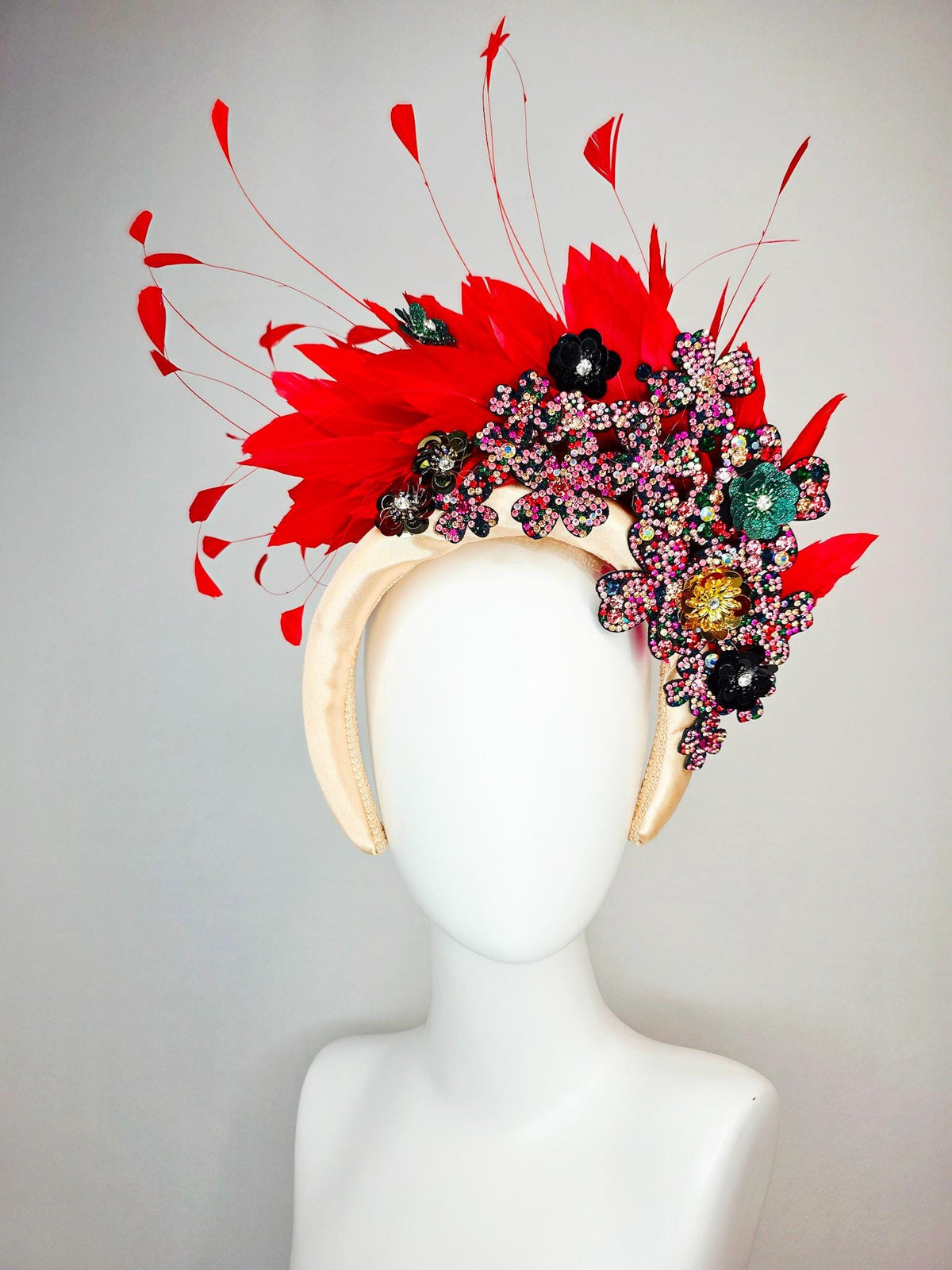kentucky derby hat fascinator ivory champagne satin headband with colorful black red pink green gold crystal flowers scarlet red feathers