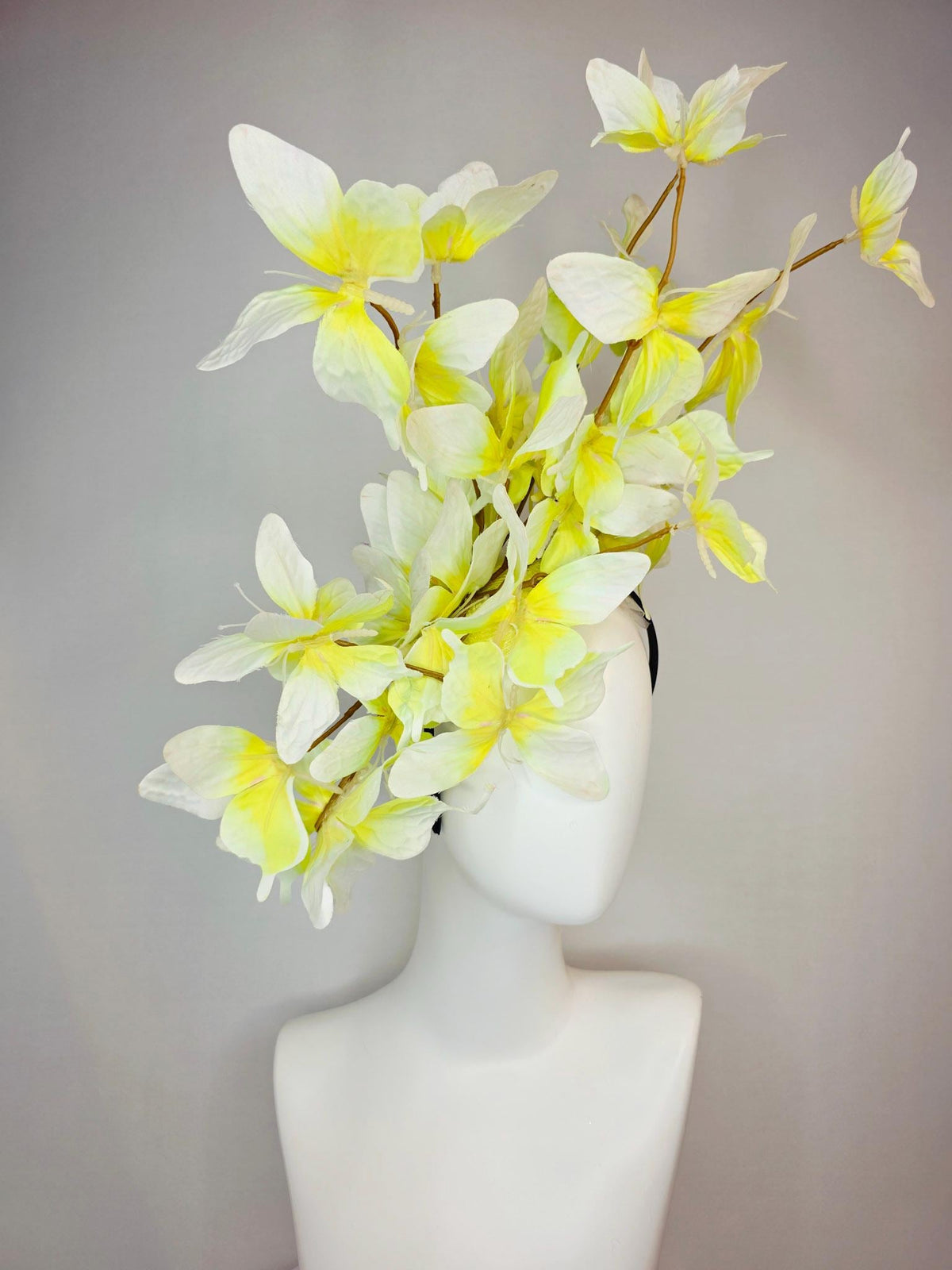 kentucky derby hat fascinator large branching ivory white yellow fabric butterflies on headband
