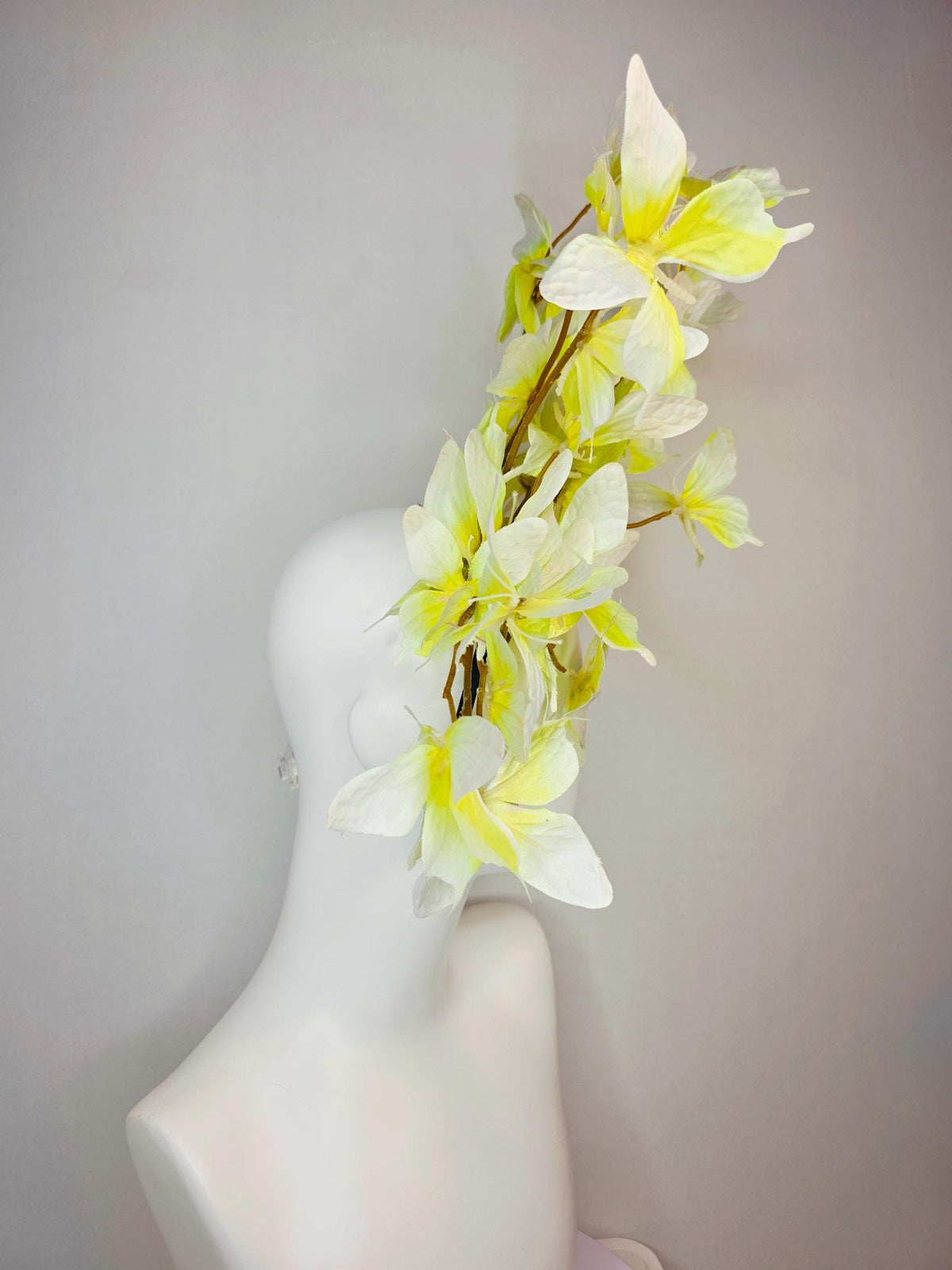 kentucky derby hat fascinator large branching ivory white yellow fabric butterflies on headband