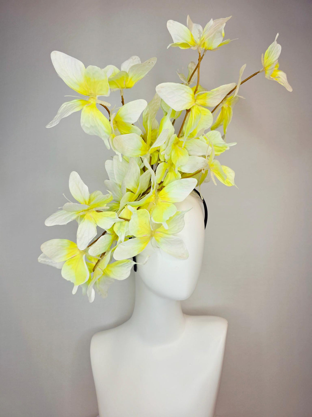 kentucky derby hat fascinator large branching ivory white yellow fabric butterflies on headband