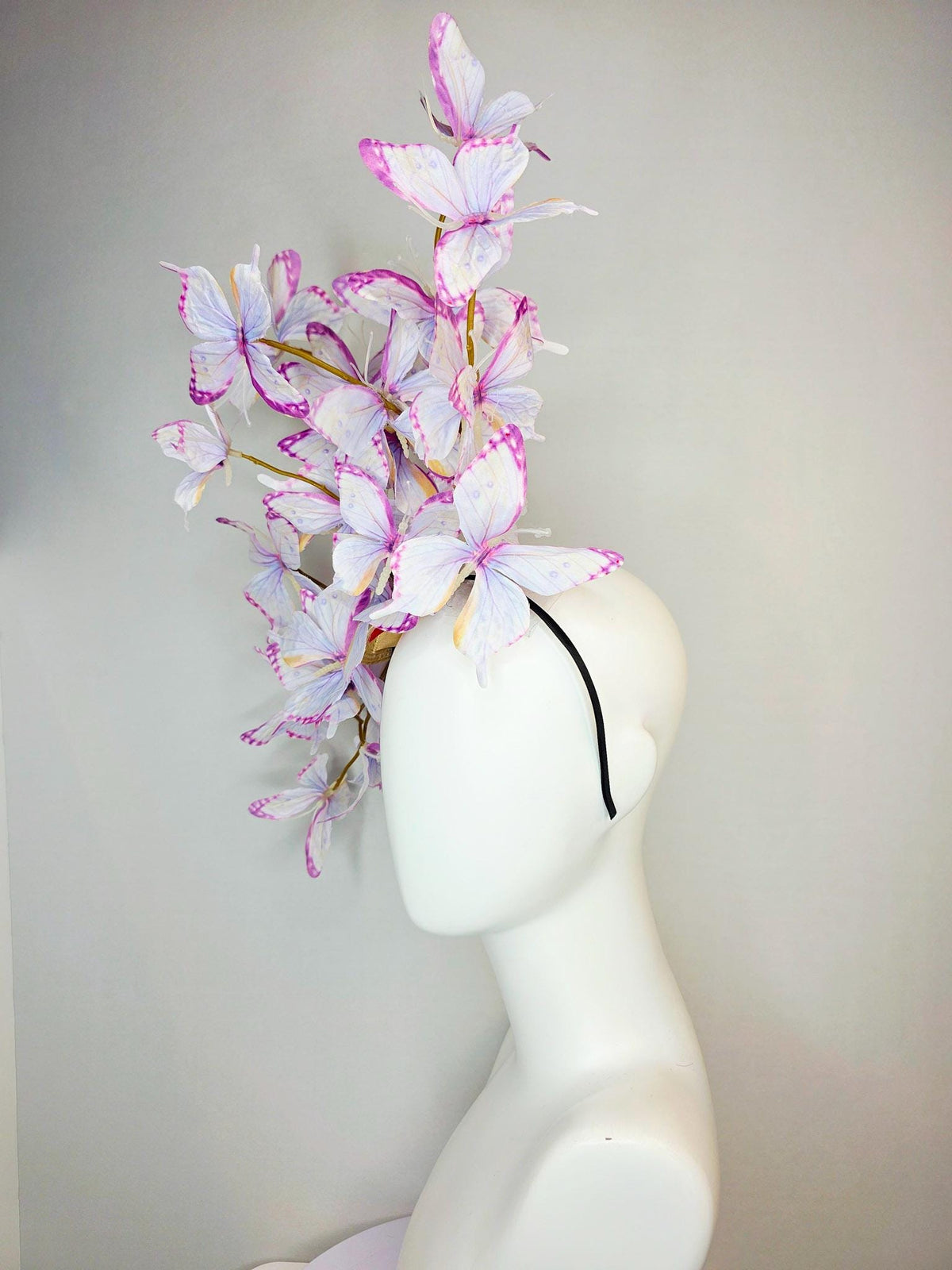 kentucky derby hat fascinator large branching light lilac lavender purple yellow white fabric butterflies on headband