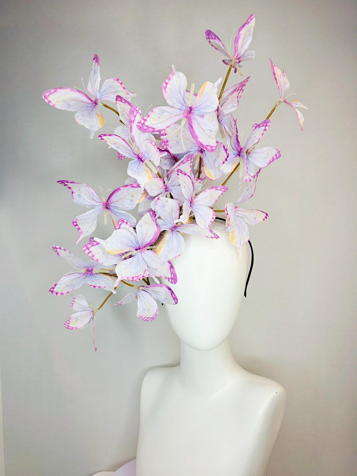 kentucky derby hat fascinator large branching light lilac lavender purple yellow white fabric butterflies on headband