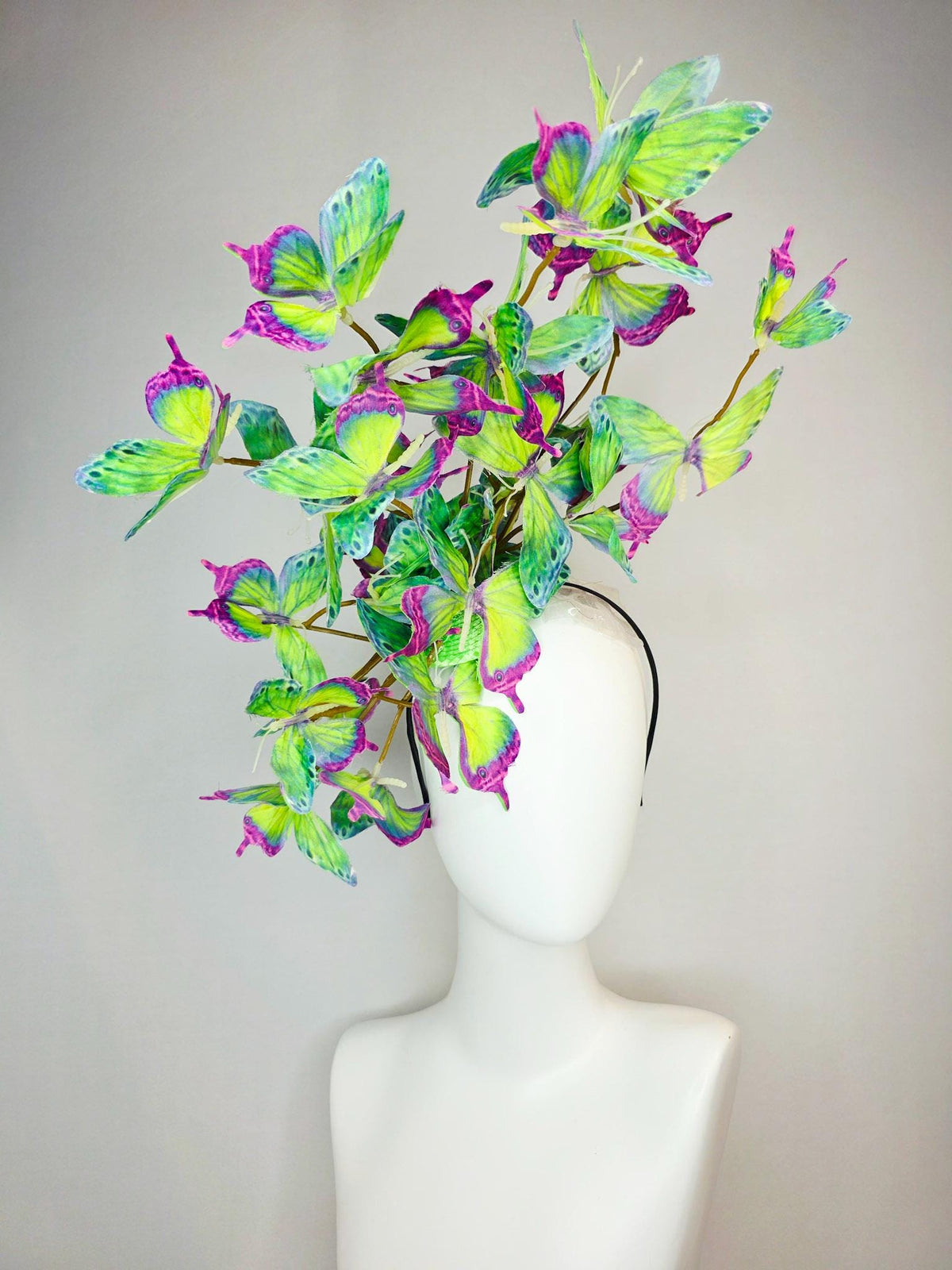 kentucky derby hat fascinator large branching colorful magenta pink purple lime green yellow blue fabric butterflies on headband