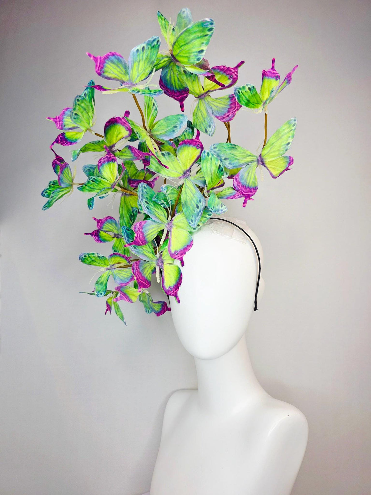 kentucky derby hat fascinator large branching colorful magenta pink purple lime green yellow blue fabric butterflies on headband