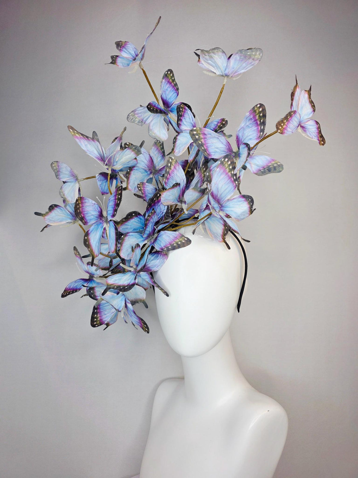 kentucky derby hat fascinator large branching light violet lavender purple light blue black fabric butterflies on headband