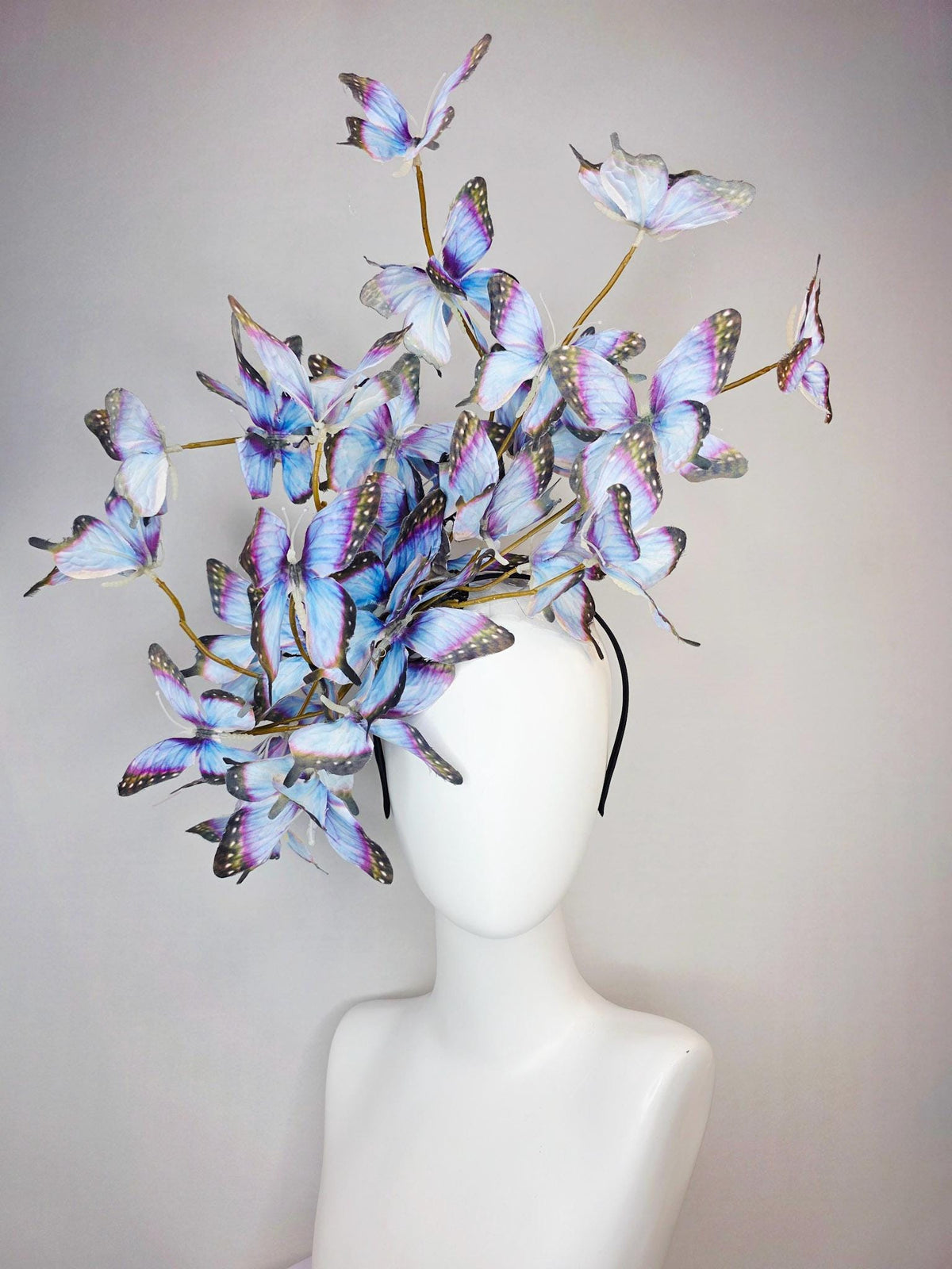 kentucky derby hat fascinator large branching light violet lavender purple light blue black fabric butterflies on headband