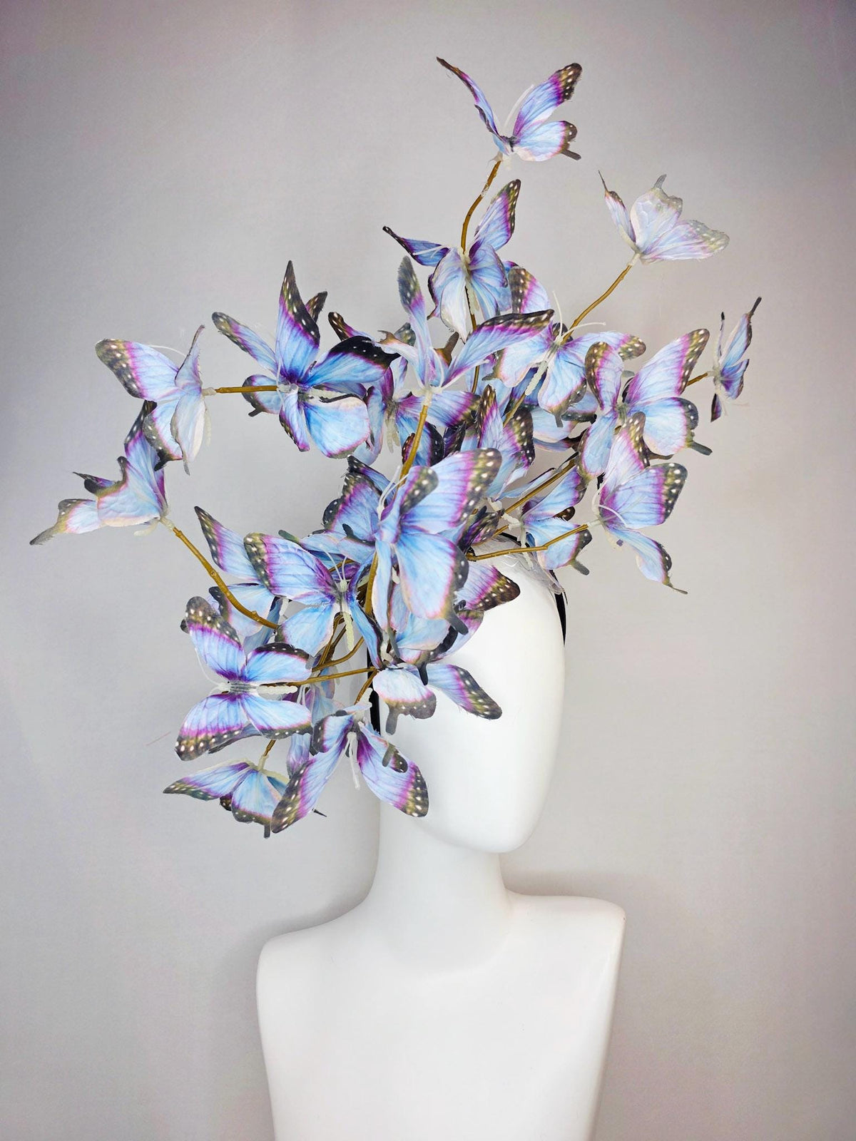 kentucky derby hat fascinator large branching light violet lavender purple light blue black fabric butterflies on headband