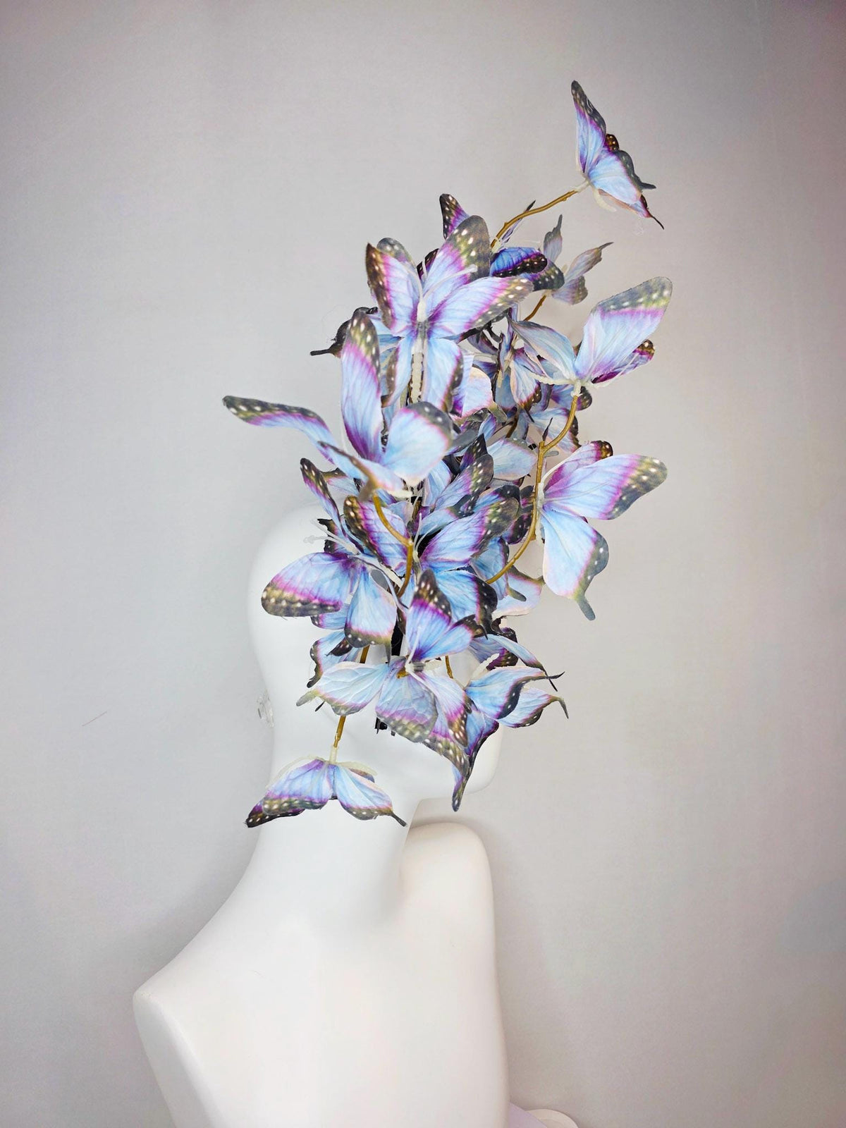kentucky derby hat fascinator large branching light violet lavender purple light blue black fabric butterflies on headband