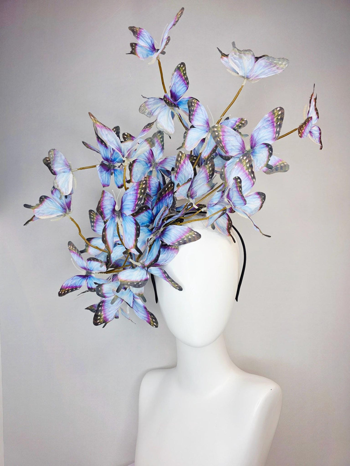 kentucky derby hat fascinator large branching light violet lavender purple light blue black fabric butterflies on headband
