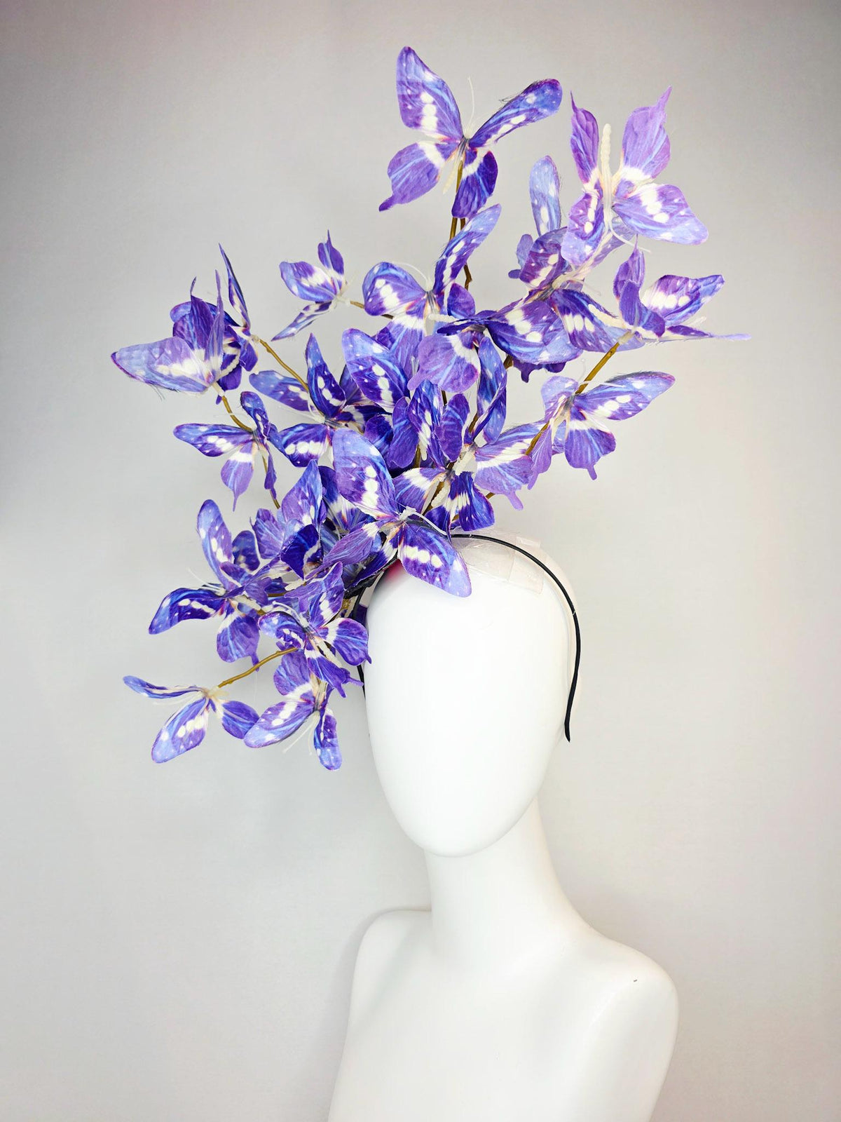 kentucky derby hat fascinator large branching violet lavender purple blue white fabric butterflies on headband