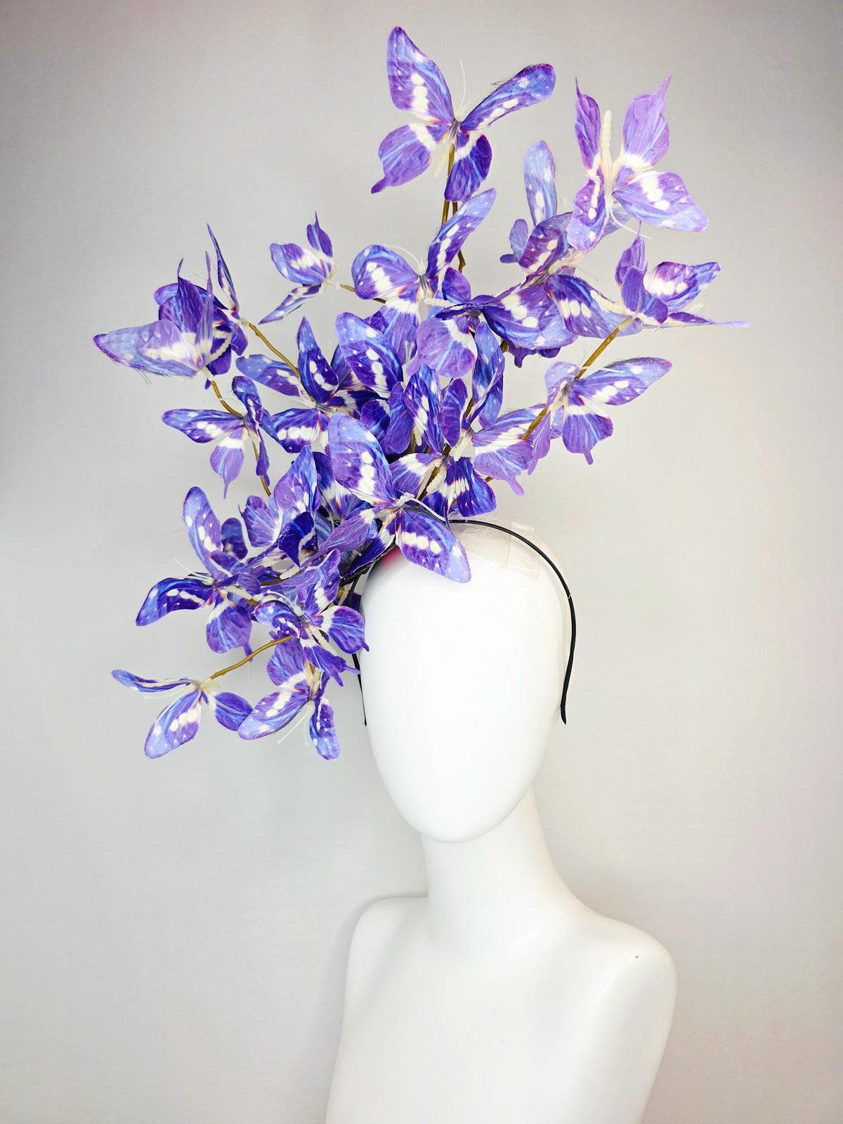 kentucky derby hat fascinator large branching violet lavender purple blue white fabric butterflies on headband
