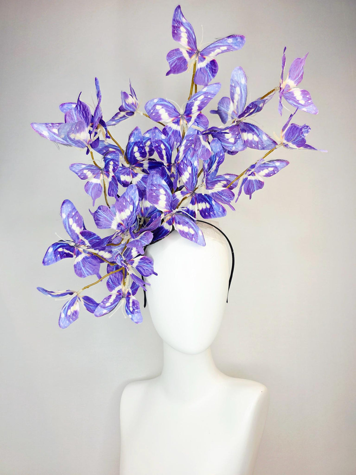 kentucky derby hat fascinator large branching violet lavender purple blue white fabric butterflies on headband