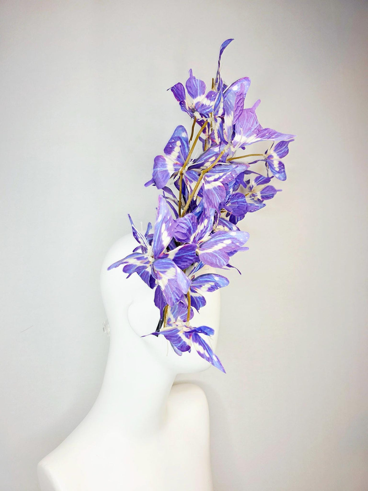 kentucky derby hat fascinator large branching violet lavender purple blue white fabric butterflies on headband