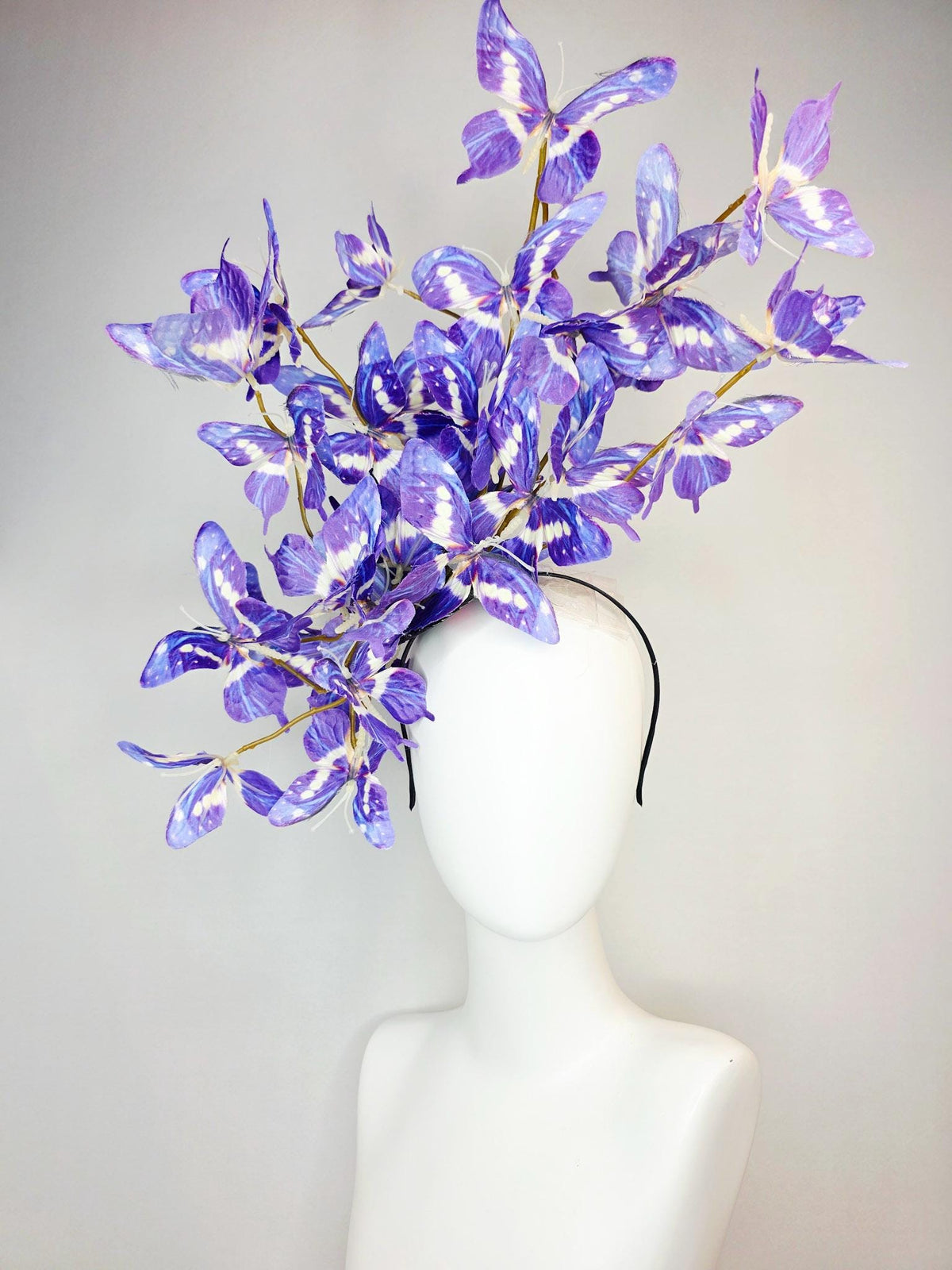 kentucky derby hat fascinator large branching violet lavender purple blue white fabric butterflies on headband