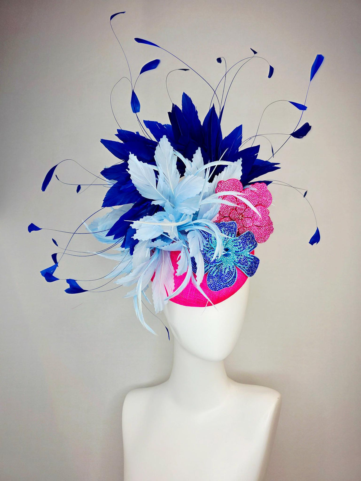 kentucky derby hat fascinator hot pink sinamay with pink and blue crystal rhinestone flowers and fluffy light blue royal navy blue feathers