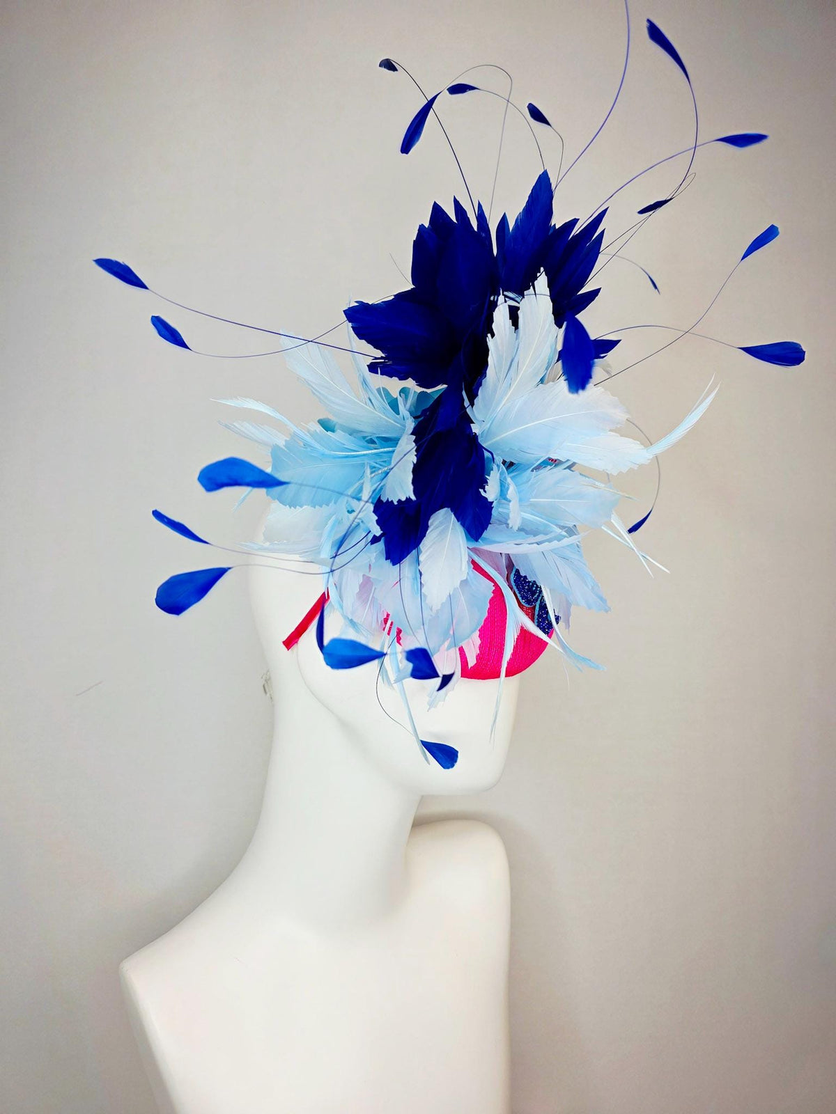 kentucky derby hat fascinator hot pink sinamay with pink and blue crystal rhinestone flowers and fluffy light blue royal navy blue feathers