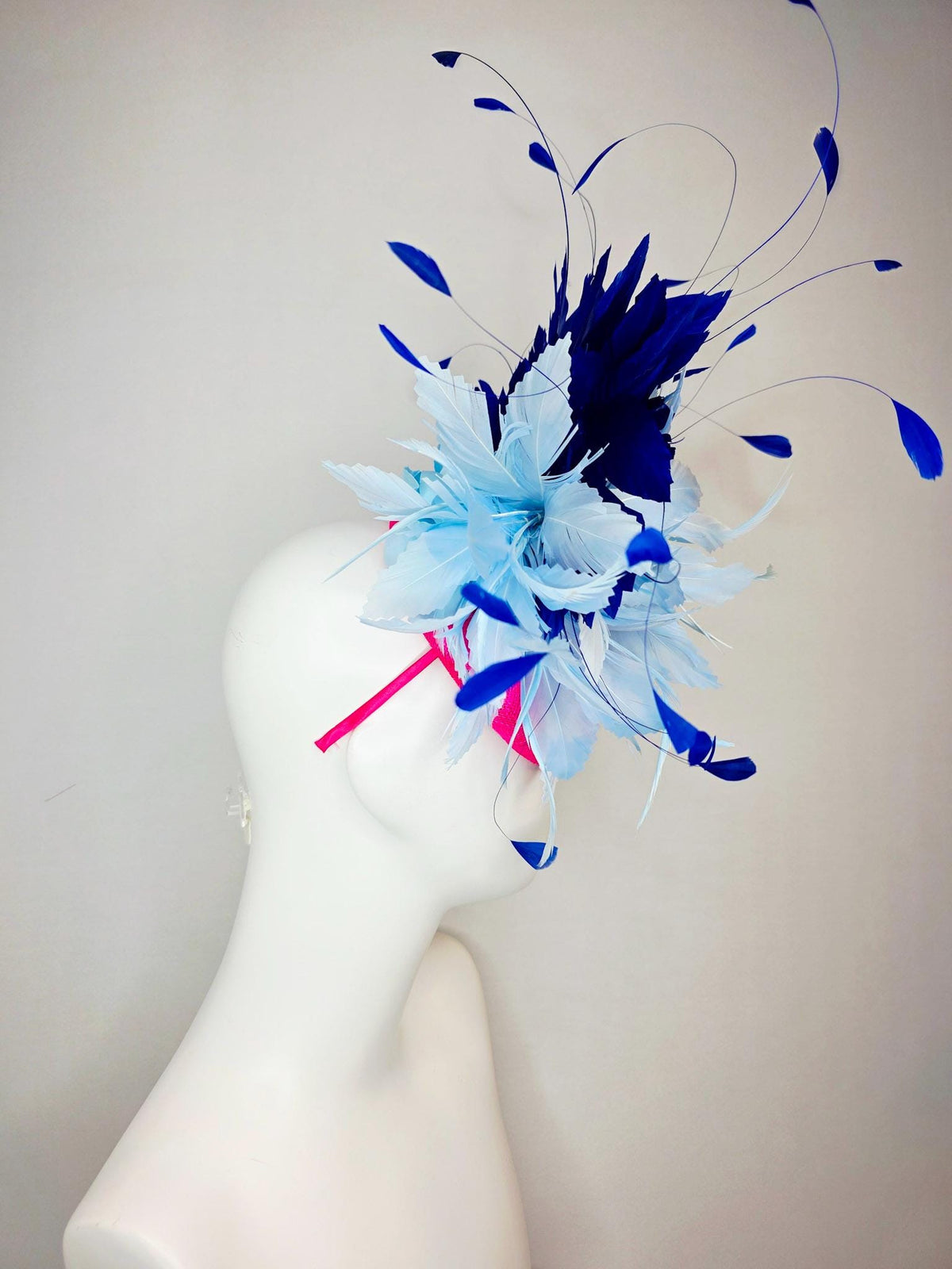 kentucky derby hat fascinator hot pink sinamay with pink and blue crystal rhinestone flowers and fluffy light blue royal navy blue feathers