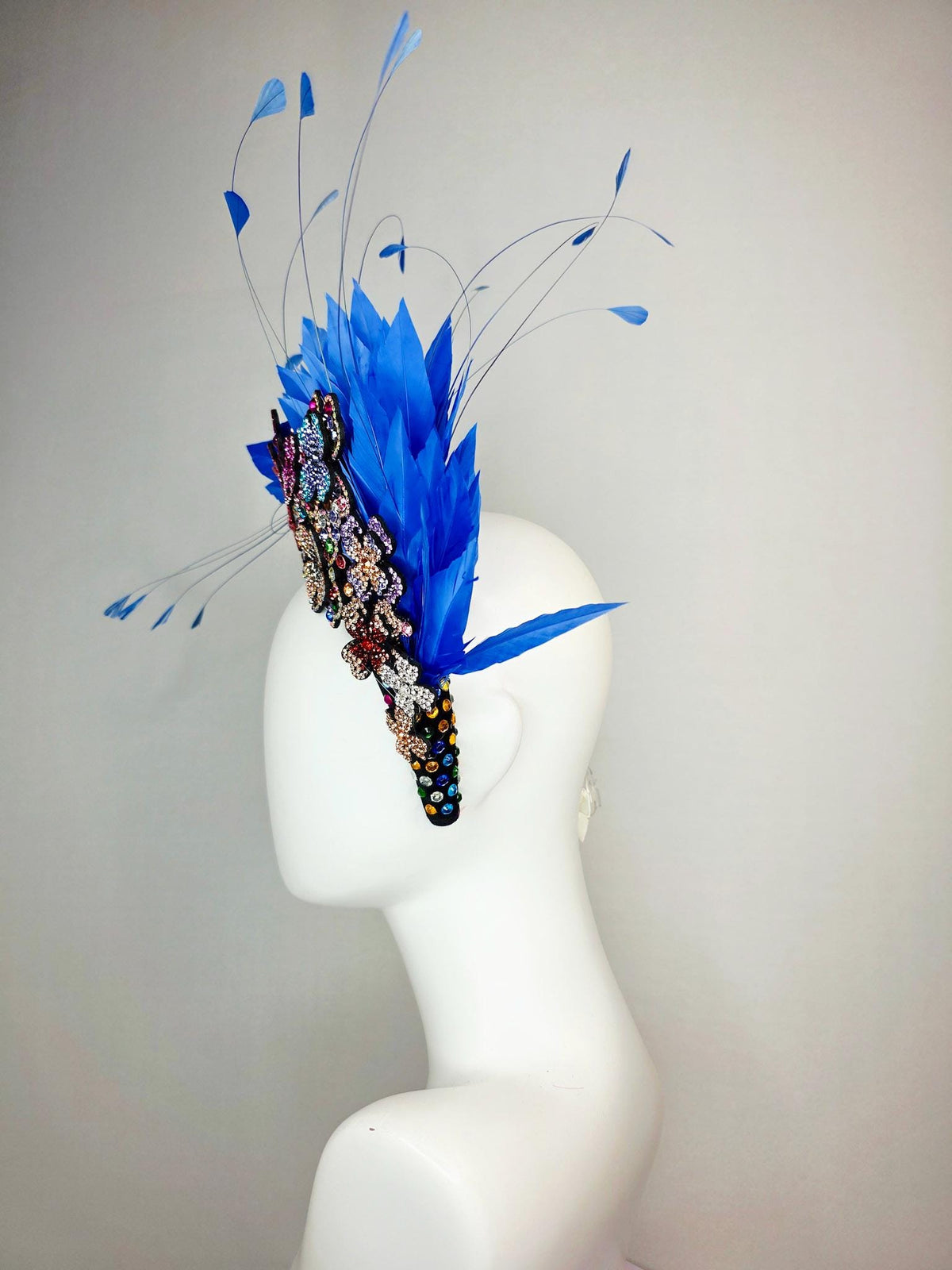 kentucky derby hat fascinator black velvet headband with colorful crystals pink purple blue green gold crystal flowers royal blue feathers