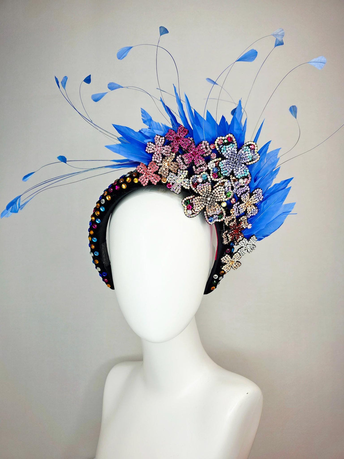 kentucky derby hat fascinator black velvet headband with colorful crystals pink purple blue green gold crystal flowers royal blue feathers