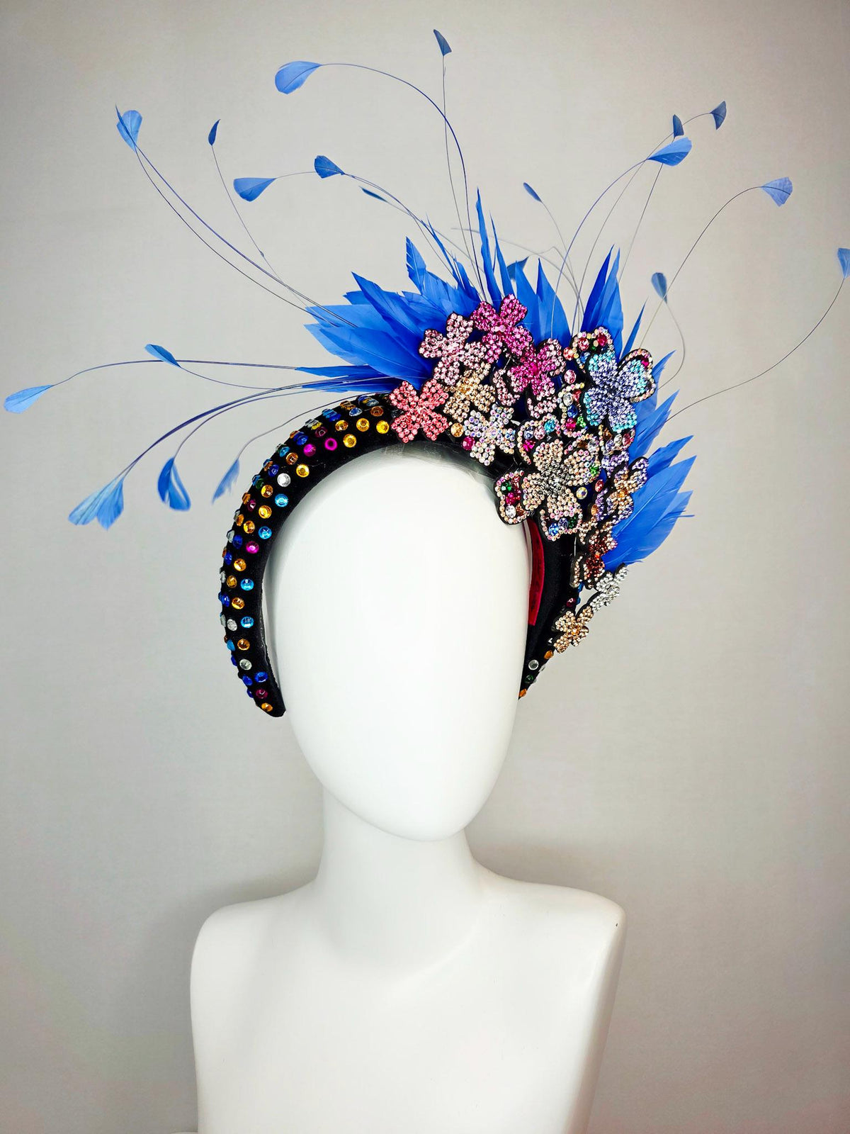 kentucky derby hat fascinator black velvet headband with colorful crystals pink purple blue green gold crystal flowers royal blue feathers