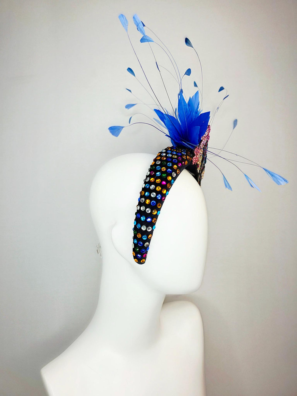 kentucky derby hat fascinator black velvet headband with colorful crystals pink purple blue green gold crystal flowers royal blue feathers