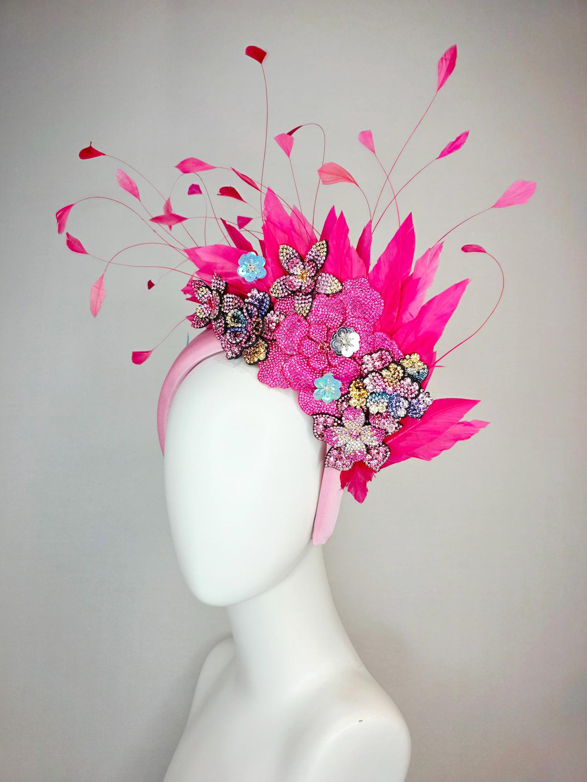 kentucky derby hat fascinator light pink satin headband with light hot pink purple blue gold crystal flowers and hot fuchsia pink feathers