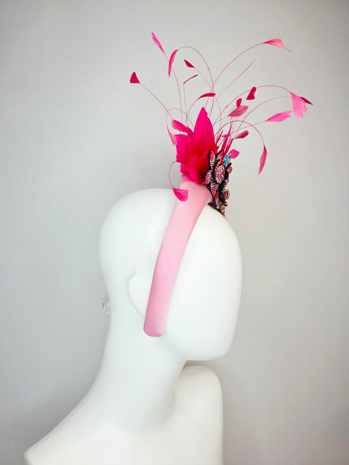 kentucky derby hat fascinator light pink satin headband with light hot pink purple blue gold crystal flowers and hot fuchsia pink feathers