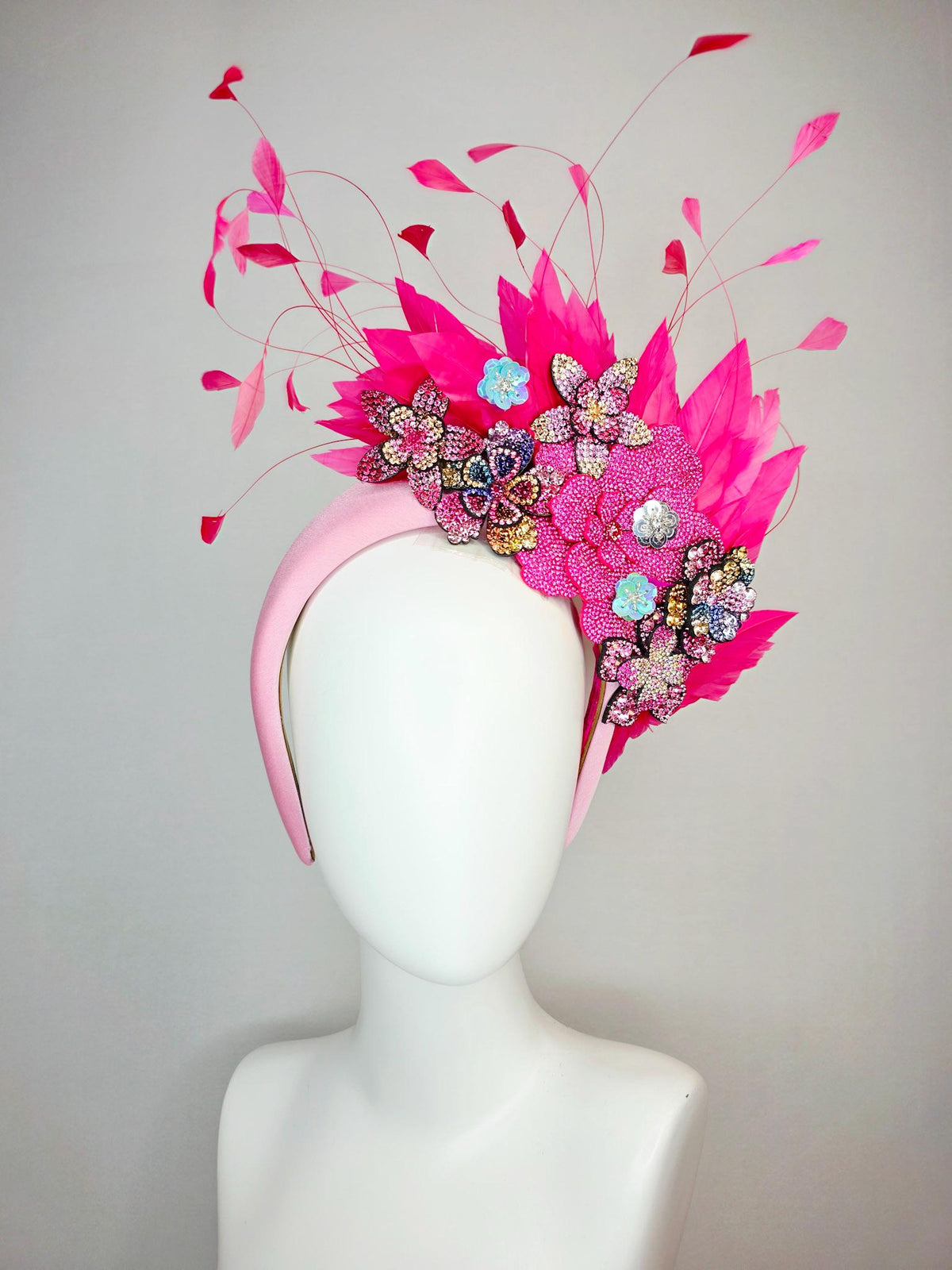 kentucky derby hat fascinator light pink satin headband with light hot pink purple blue gold crystal flowers and hot fuchsia pink feathers