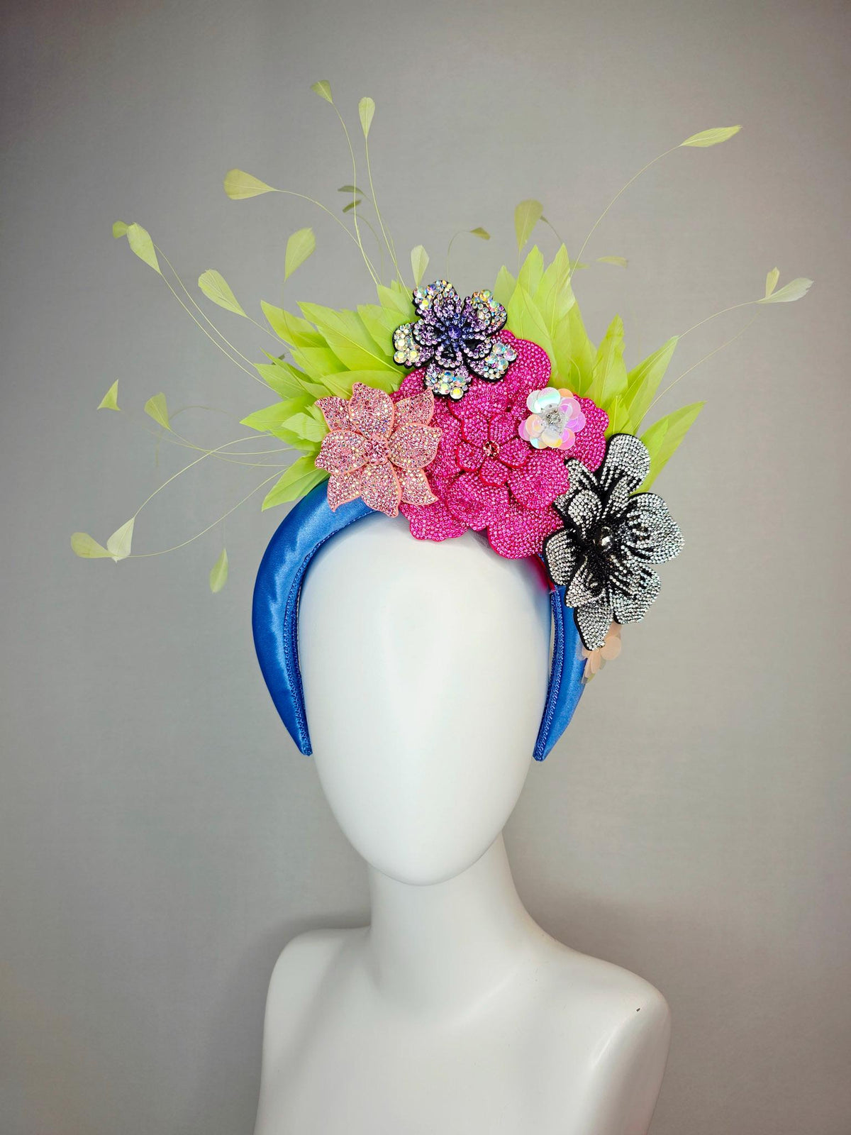 kentucky derby hat fascinator cobalt blue satin headband with silver black pink iridescent pink purple crystal flowers lime green feathers