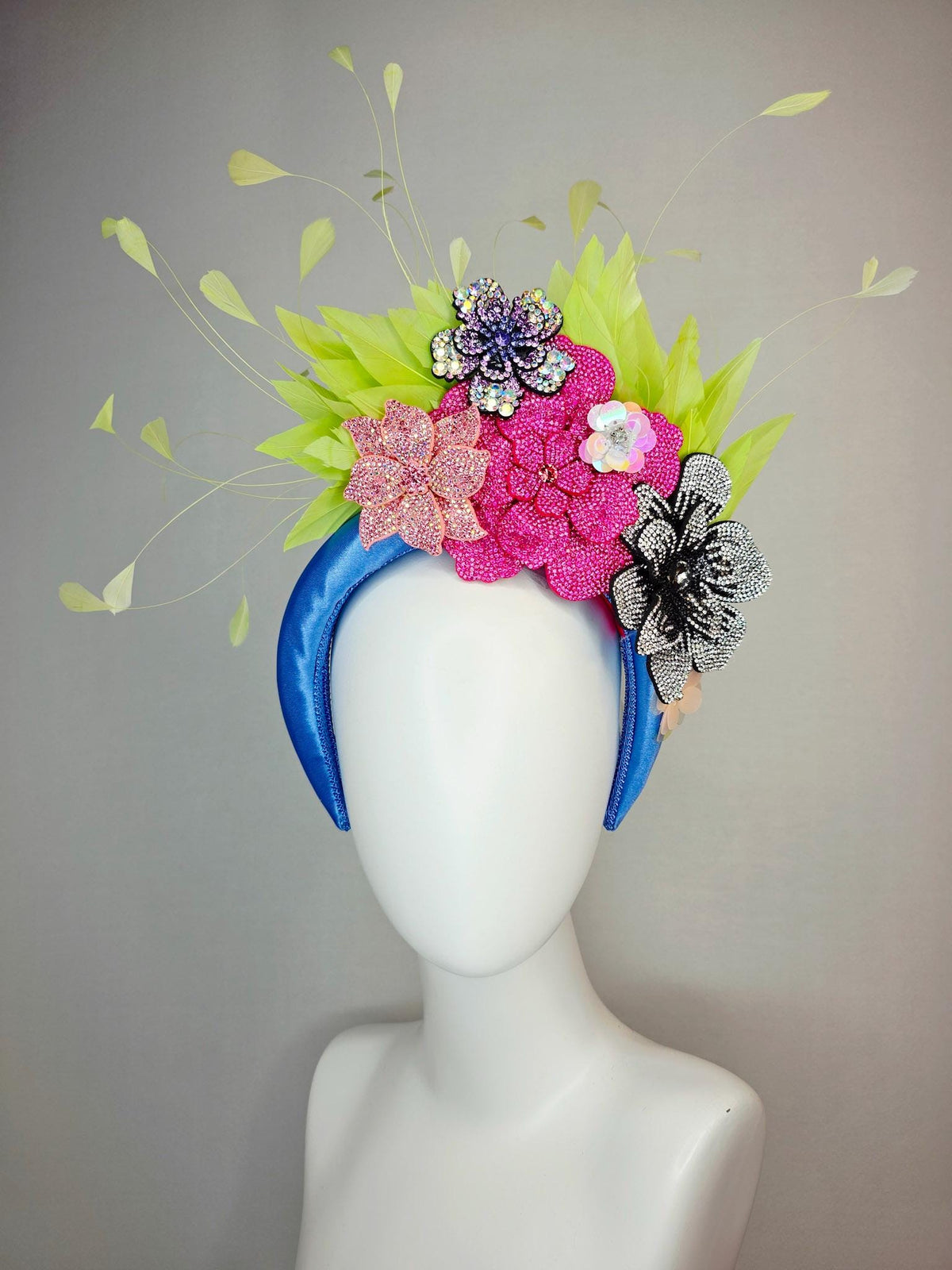 kentucky derby hat fascinator cobalt blue satin headband with silver black pink iridescent pink purple crystal flowers lime green feathers