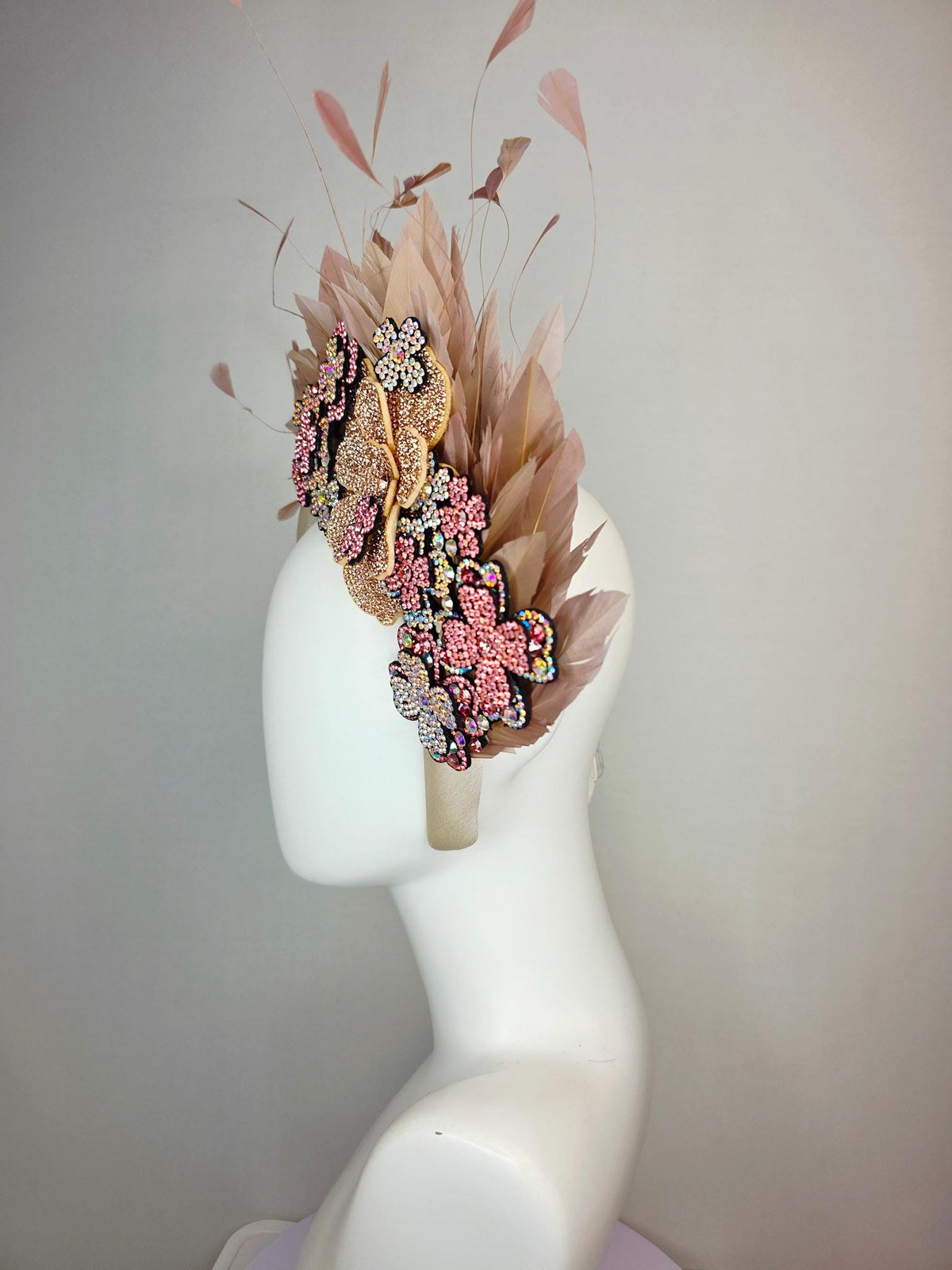 kentucky derby hat fascinator champagne beige satin headband iridescent purple light pink gold crystal flowers dusty rose beige tan feathers