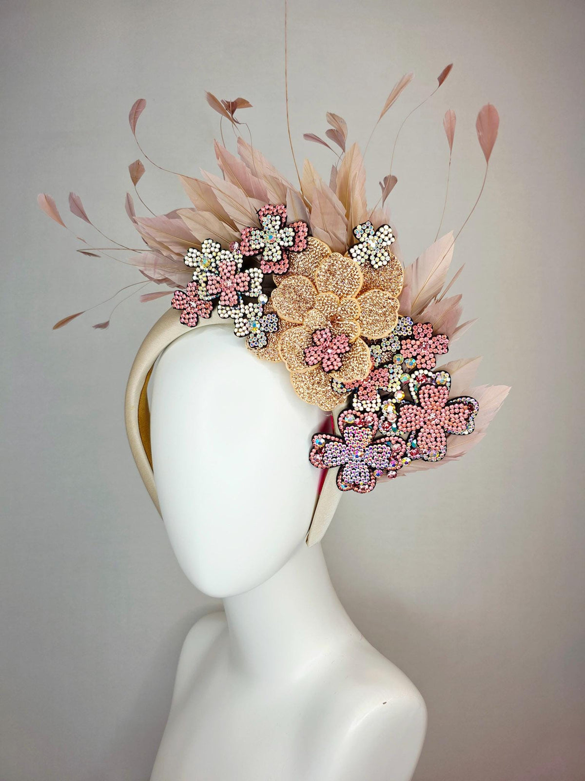 kentucky derby hat fascinator champagne beige satin headband iridescent purple light pink gold crystal flowers dusty rose beige tan feathers