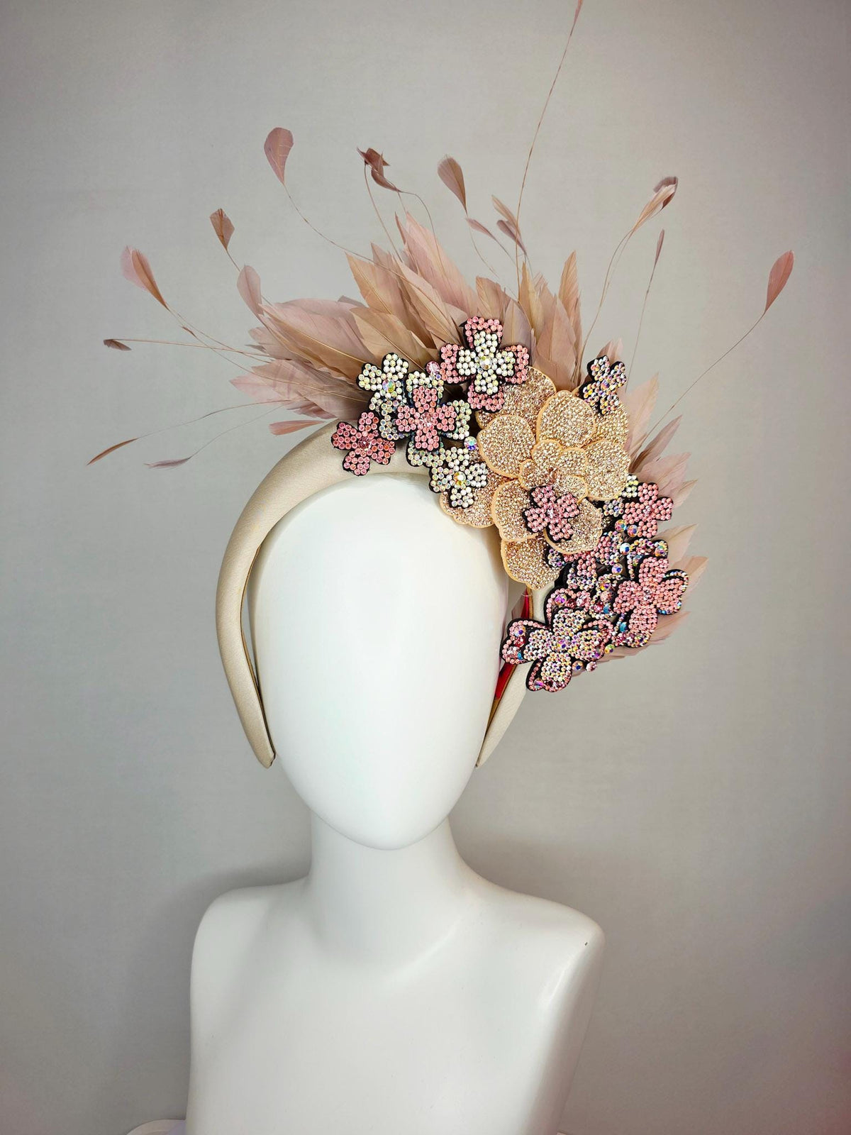 kentucky derby hat fascinator champagne beige satin headband iridescent purple light pink gold crystal flowers dusty rose beige tan feathers