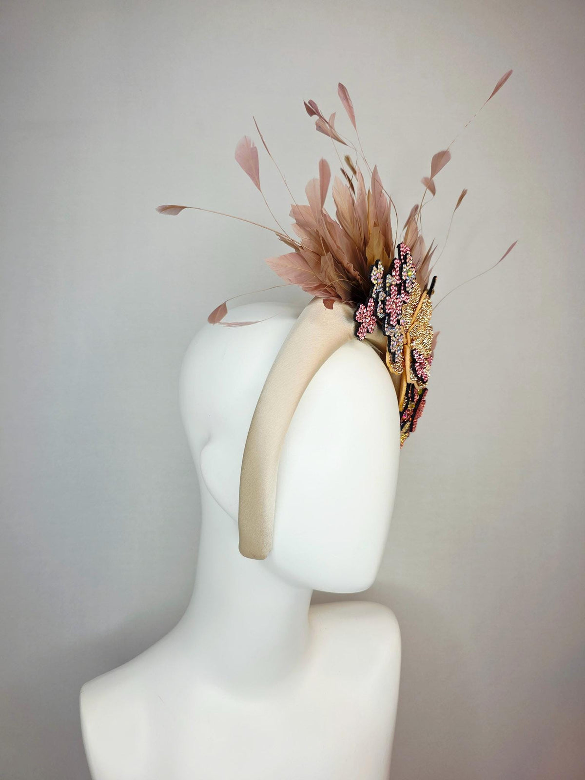 kentucky derby hat fascinator champagne beige satin headband iridescent purple light pink gold crystal flowers dusty rose beige tan feathers