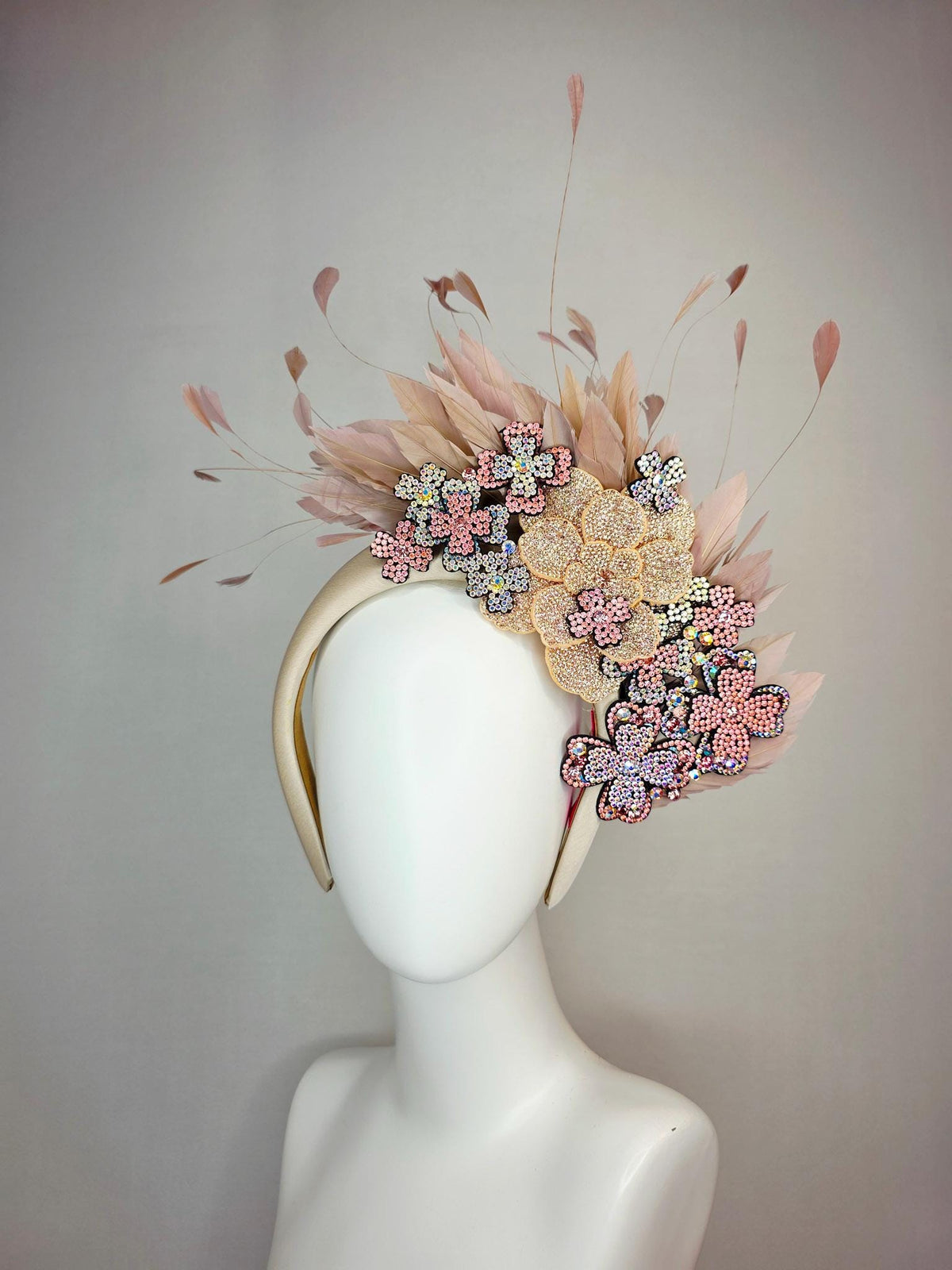kentucky derby hat fascinator champagne beige satin headband iridescent purple light pink gold crystal flowers dusty rose beige tan feathers