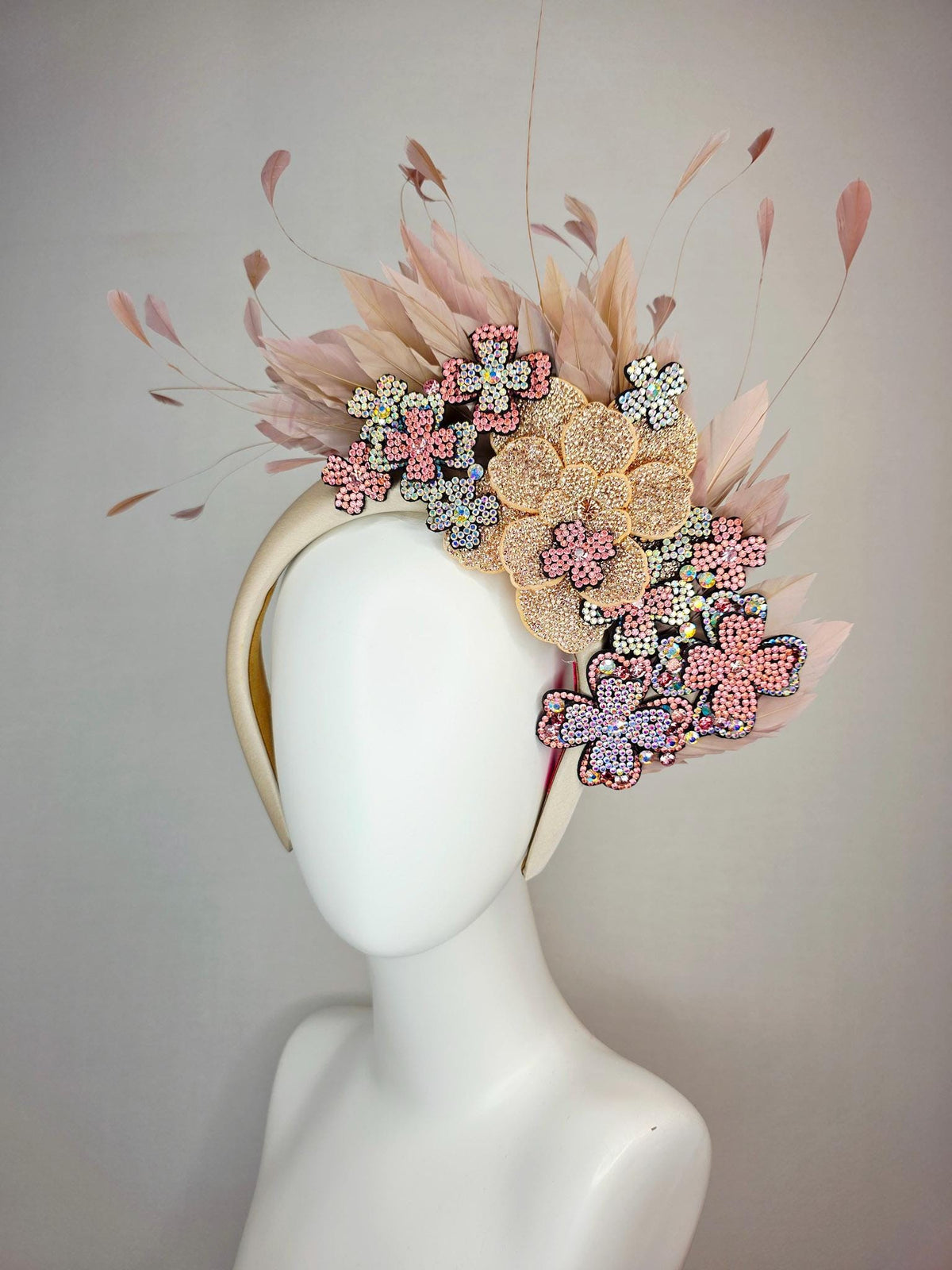 kentucky derby hat fascinator champagne beige satin headband iridescent purple light pink gold crystal flowers dusty rose beige tan feathers