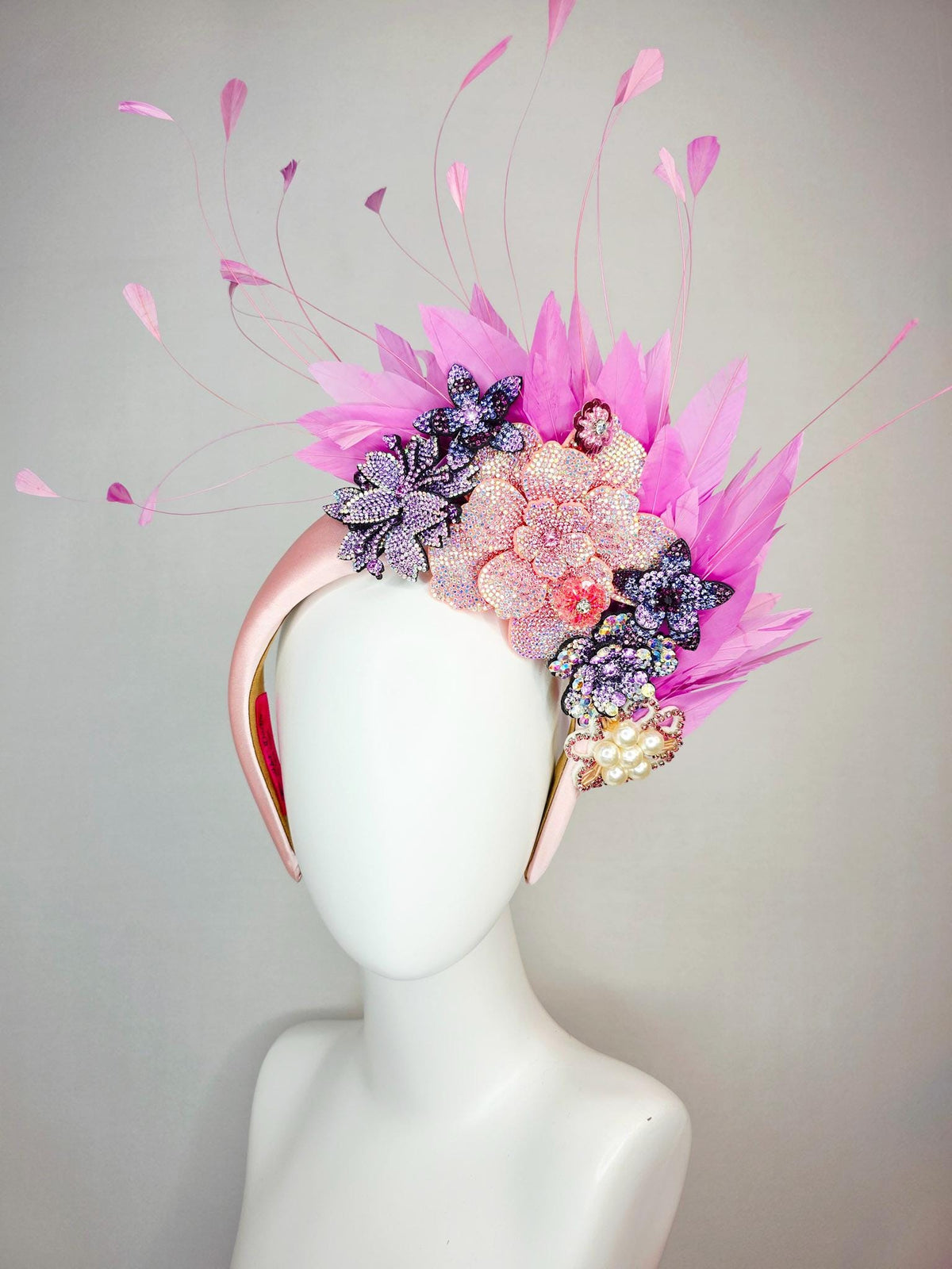 kentucky derby hat fascinator light pink satin headband iridescent pink lavender purple pearl crystal flowers lilac pink branching feathers