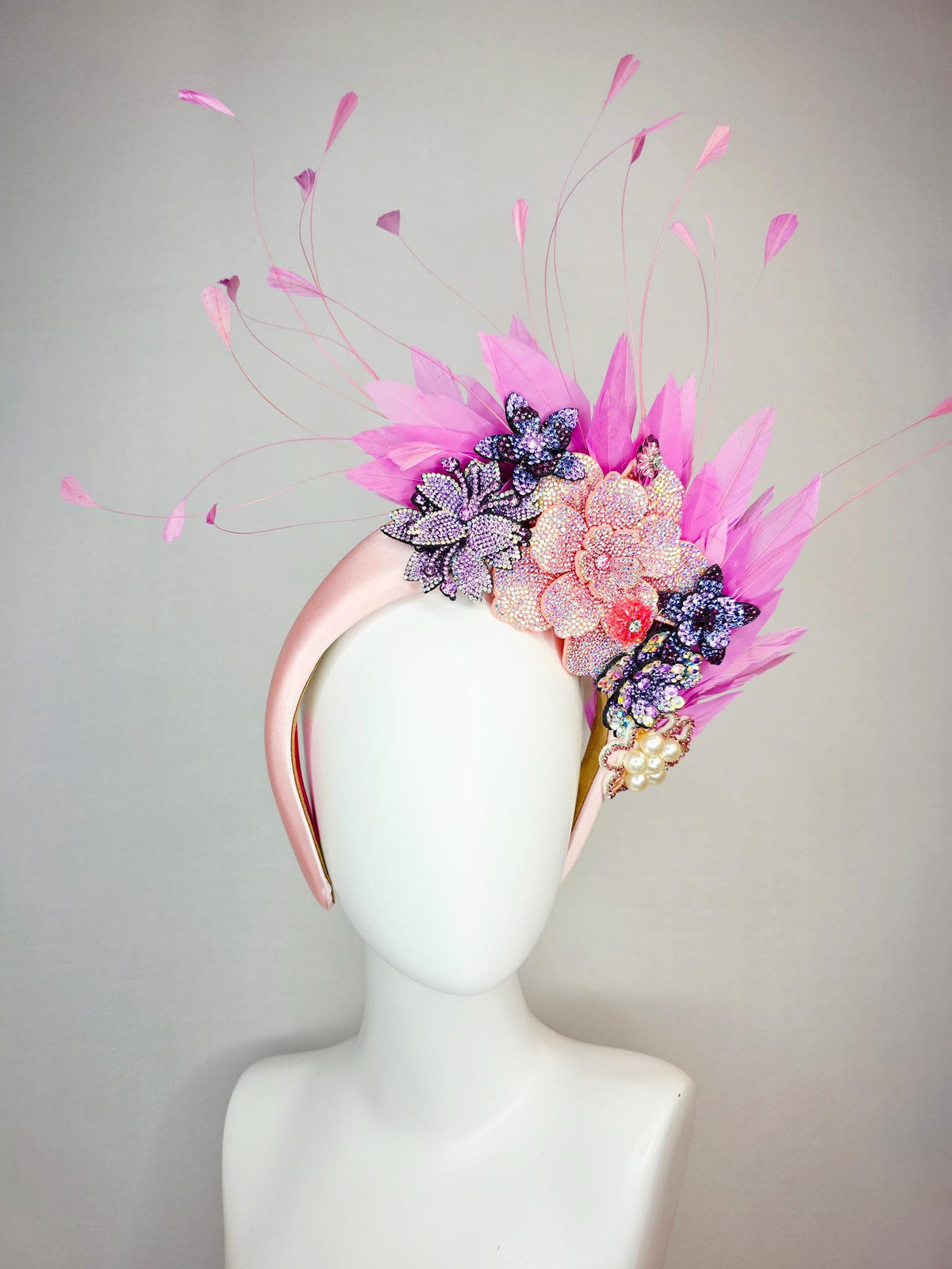 kentucky derby hat fascinator light pink satin headband iridescent pink lavender purple pearl crystal flowers lilac pink branching feathers