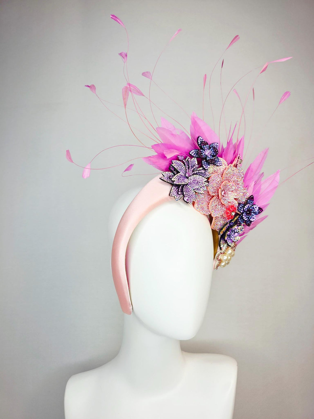 kentucky derby hat fascinator light pink satin headband iridescent pink lavender purple pearl crystal flowers lilac pink branching feathers