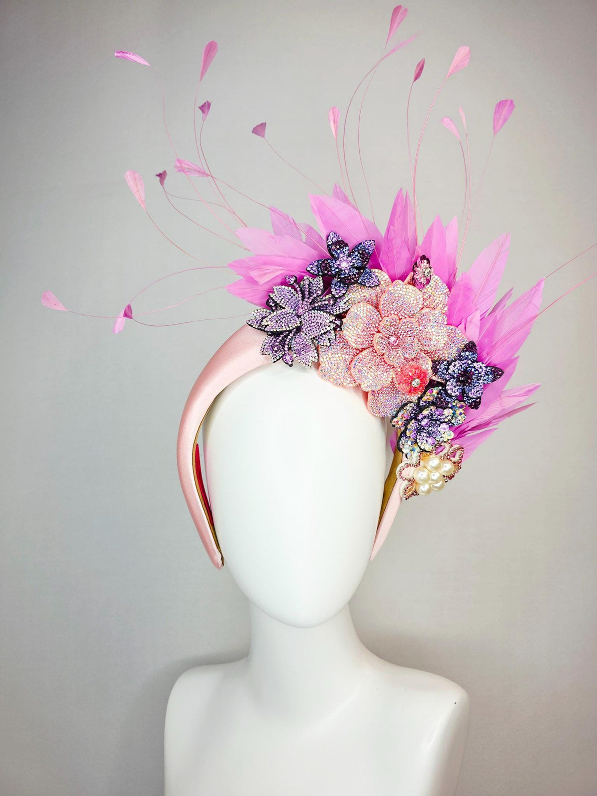 kentucky derby hat fascinator light pink satin headband iridescent pink lavender purple pearl crystal flowers lilac pink branching feathers