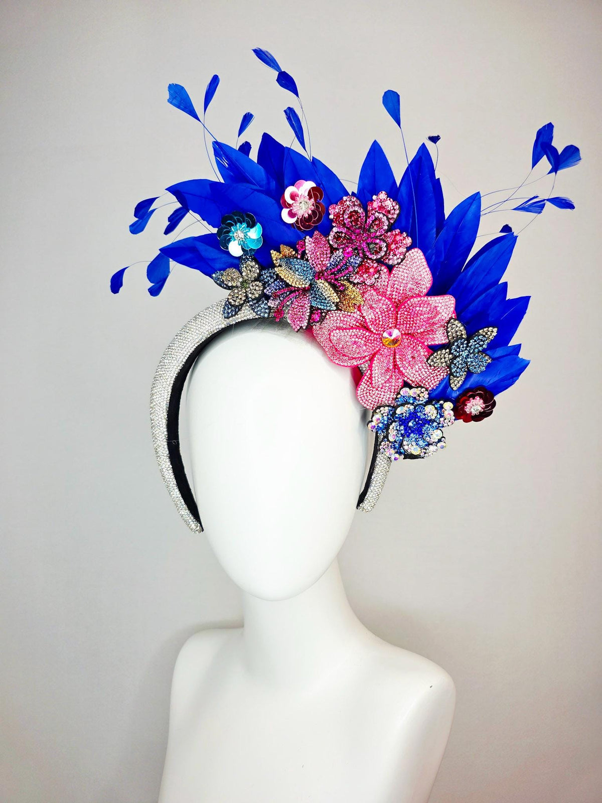 kentucky derby hat fascinator Swarovski crystal headband with blue yellow gold red pink crystal flowers and cobalt royal blue feathers