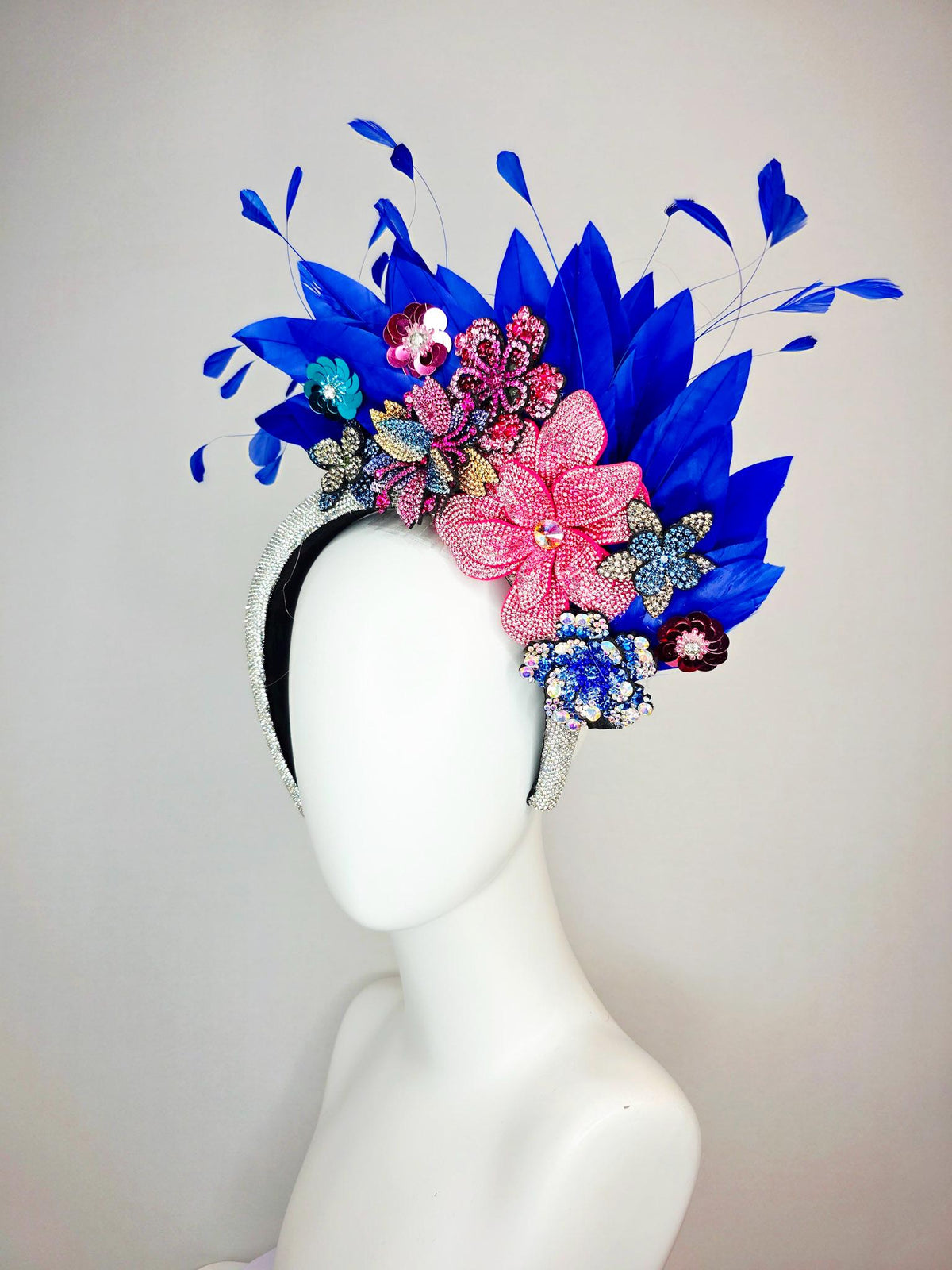 kentucky derby hat fascinator Swarovski crystal headband with blue yellow gold red pink crystal flowers and cobalt royal blue feathers