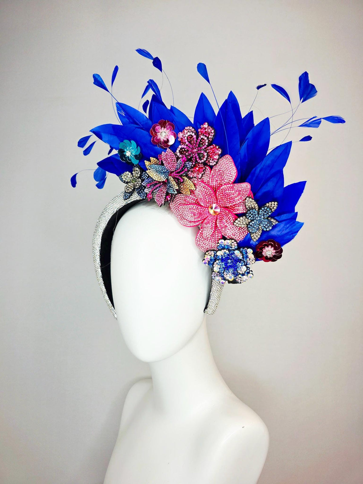 kentucky derby hat fascinator Swarovski crystal headband with blue yellow gold red pink crystal flowers and cobalt royal blue feathers