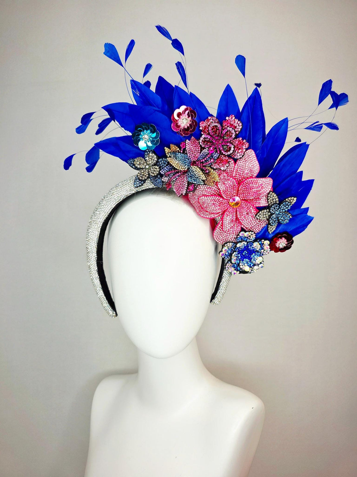 kentucky derby hat fascinator Swarovski crystal headband with blue yellow gold red pink crystal flowers and cobalt royal blue feathers